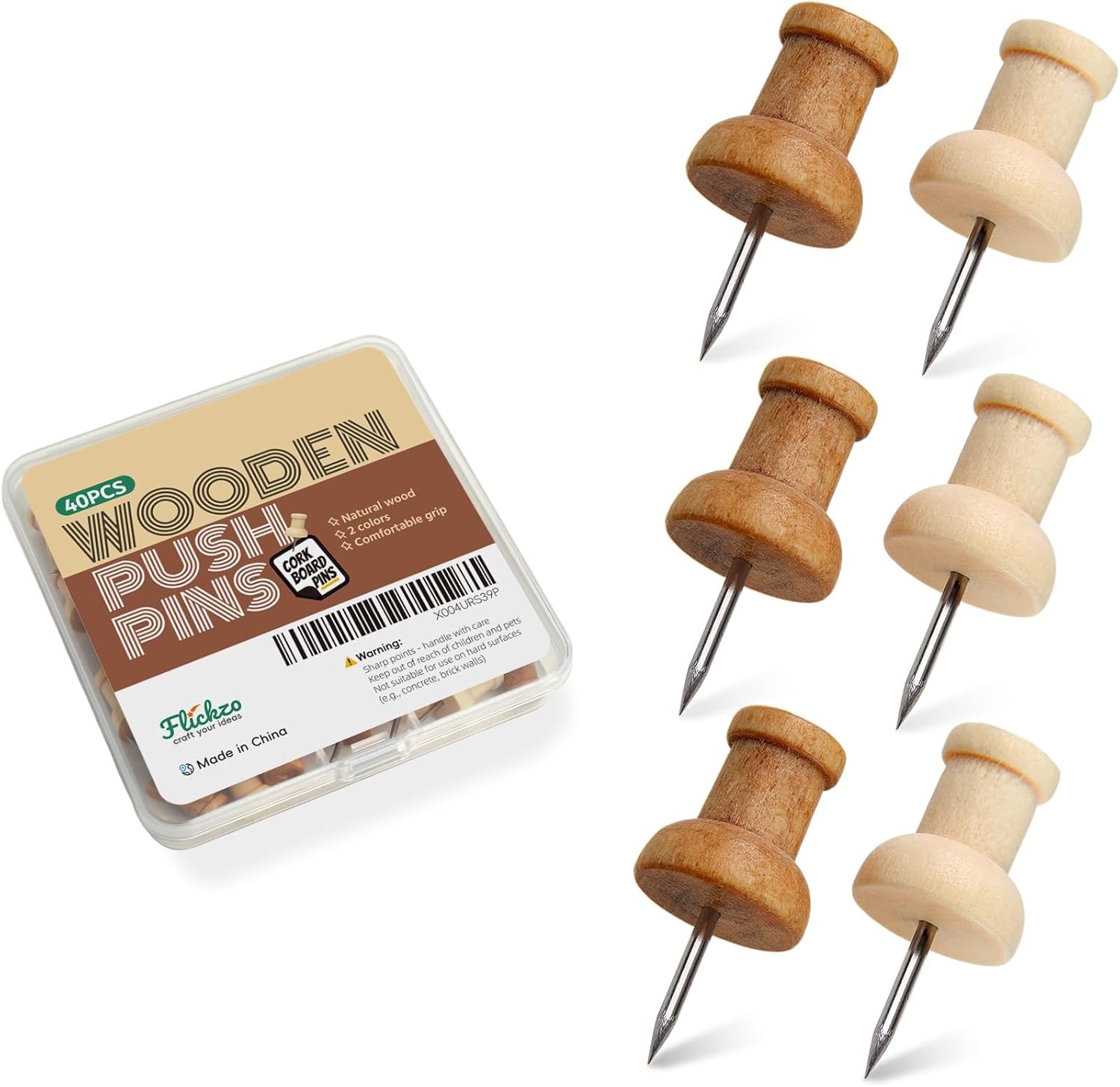 40 Pcs Wood Push Pins, Decorative Wooden Thumb Tacks for Cork Board, Natural & L