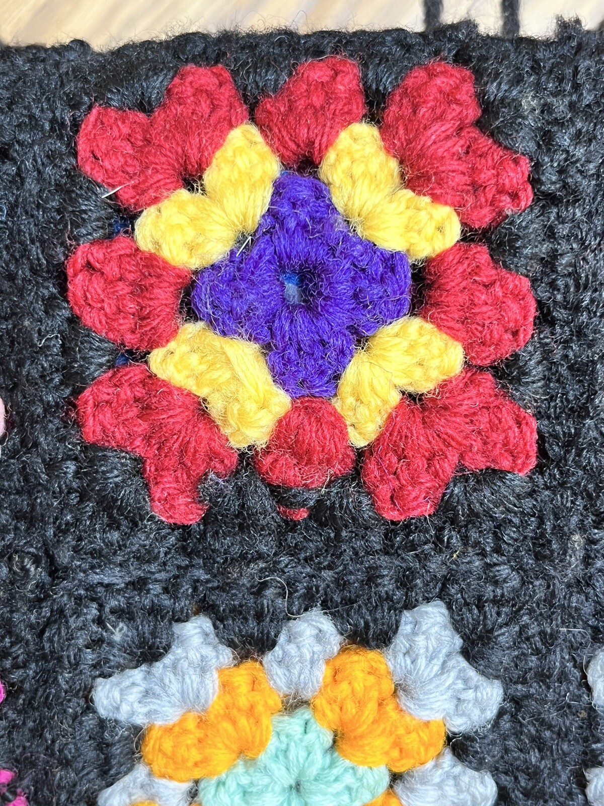 Vtg Handmade Granny Square Afghan Throw Blanket 70 X 70″ Colorful Black Fringe