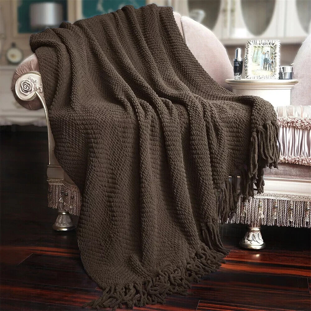 Knitted Throw Blanket with Tassels Tweed Textured Lightweight Throws for Couch