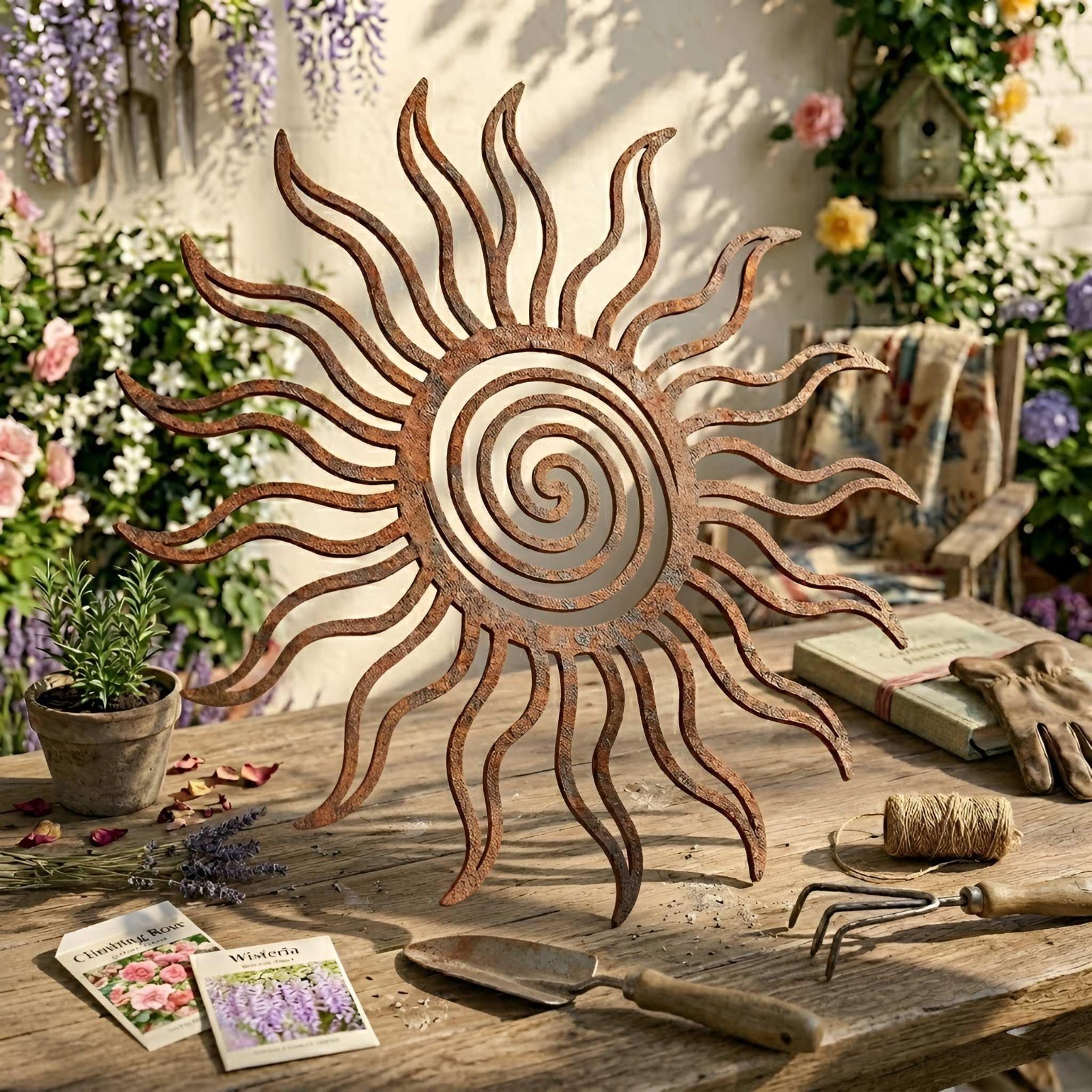 Rustic Sun Metal Wall Art, Spiral Sun Garden Decor, Outdoor Yard Art