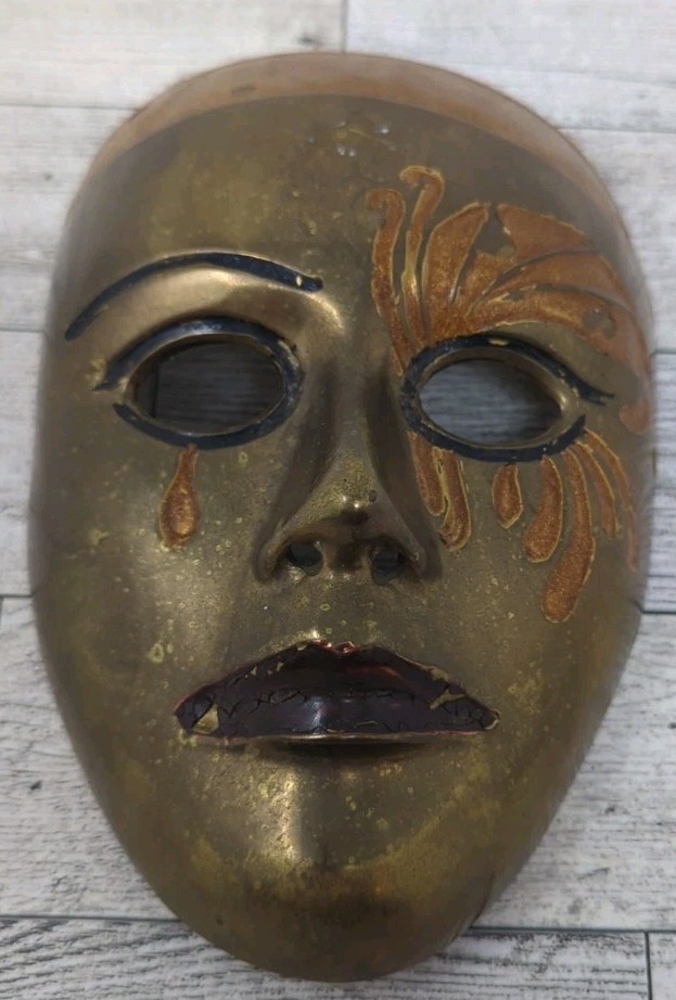 Vintage Solid Brass Masquerade Wall Mask 6 1/2×5 In