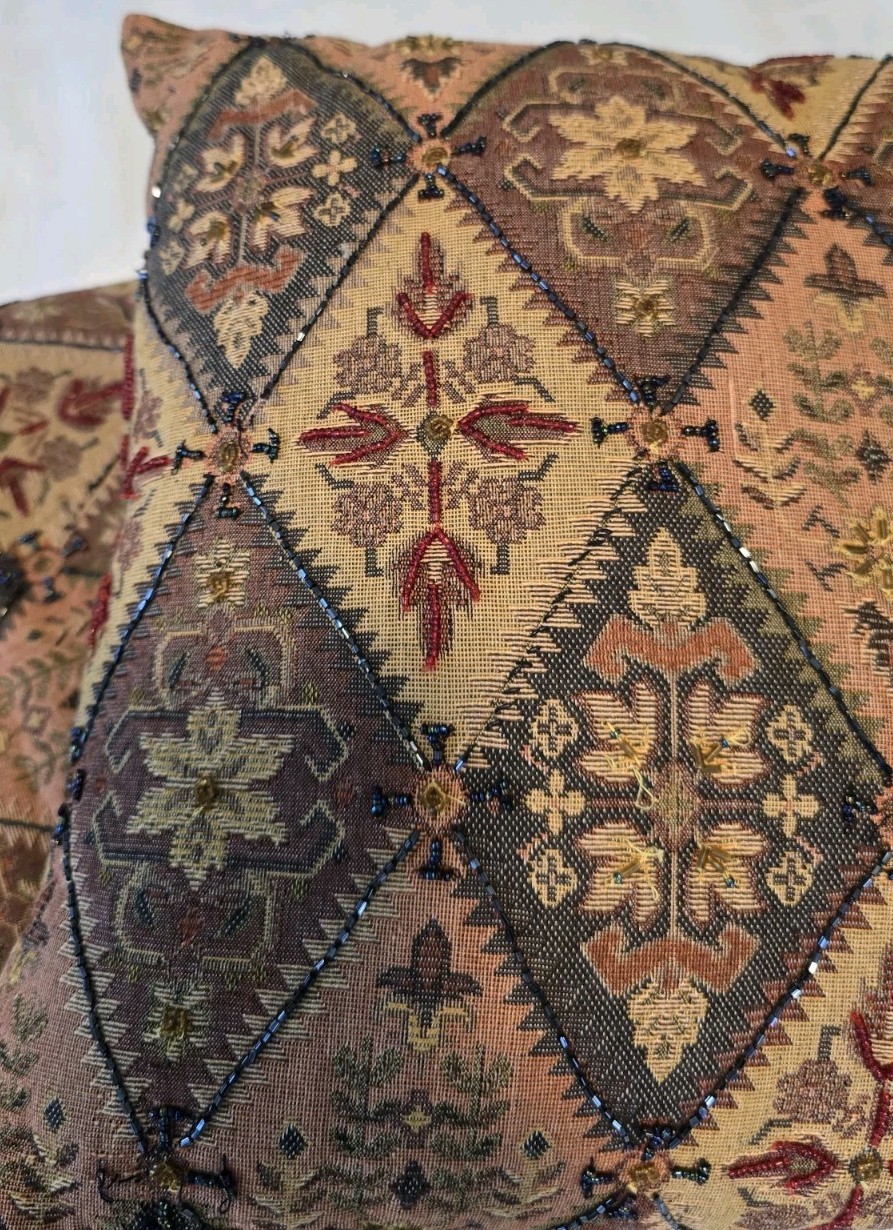 Vtg Pier 1 Imports Boho Beaded Diamond Moroccan Tapestry Fringe Throw & Pillow