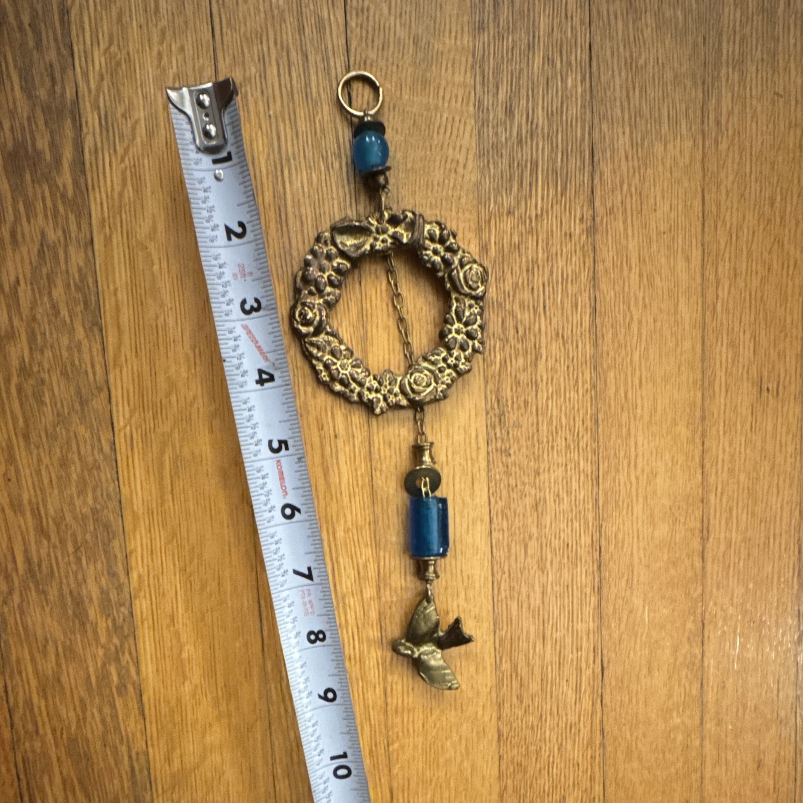 Gold Metal & Blue Beaded Hanging Suncatcher with Bird Charm 9in x 2in