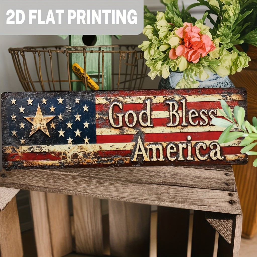 Patriotic God Bless America Flag Metal Sign Rustic Farmhouse Wall Bar Decor Gift