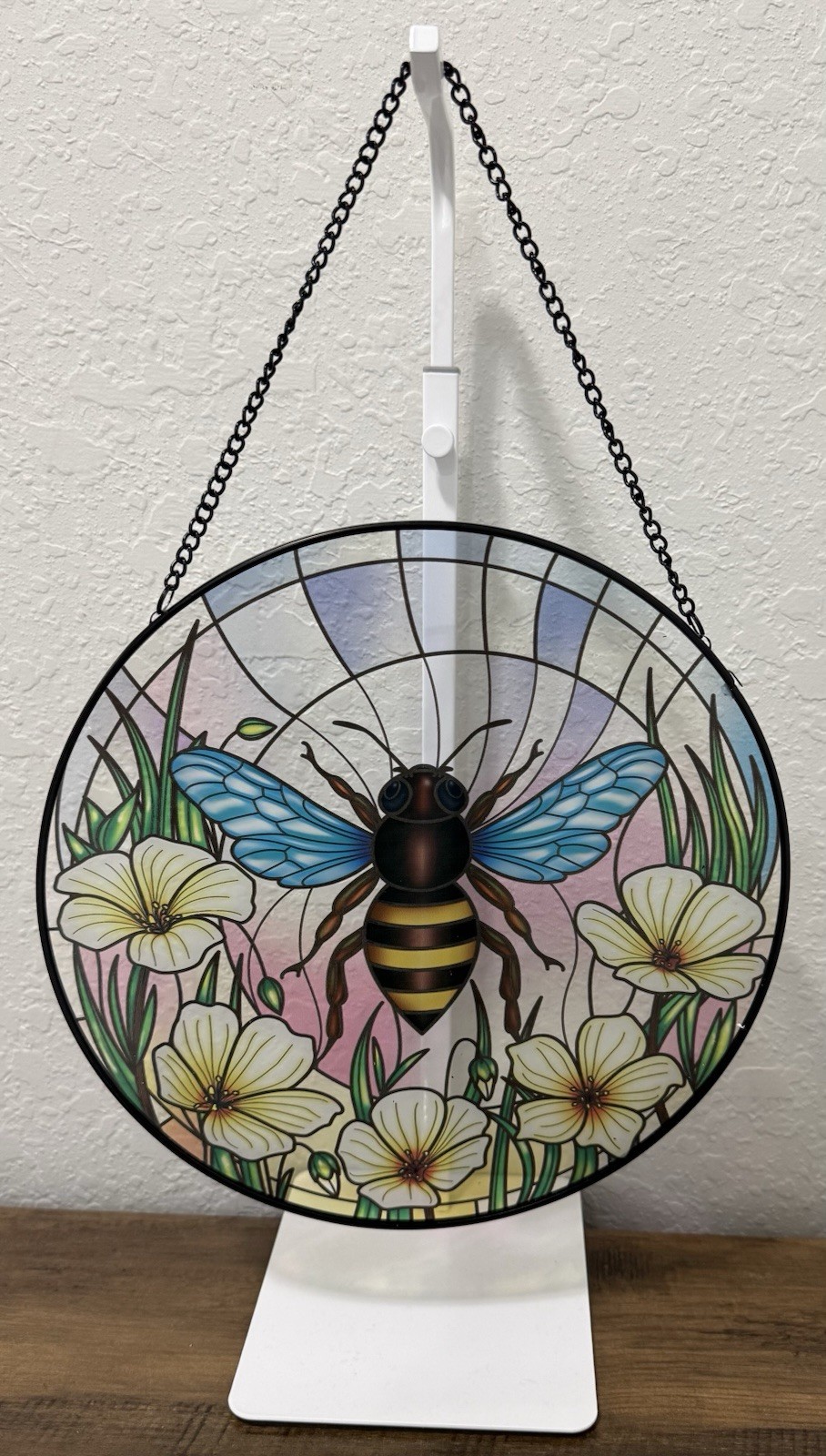 Belavi 10″ Glass Bee Sun Catcher – Stained Glass Look Hanging Decor Wildflower