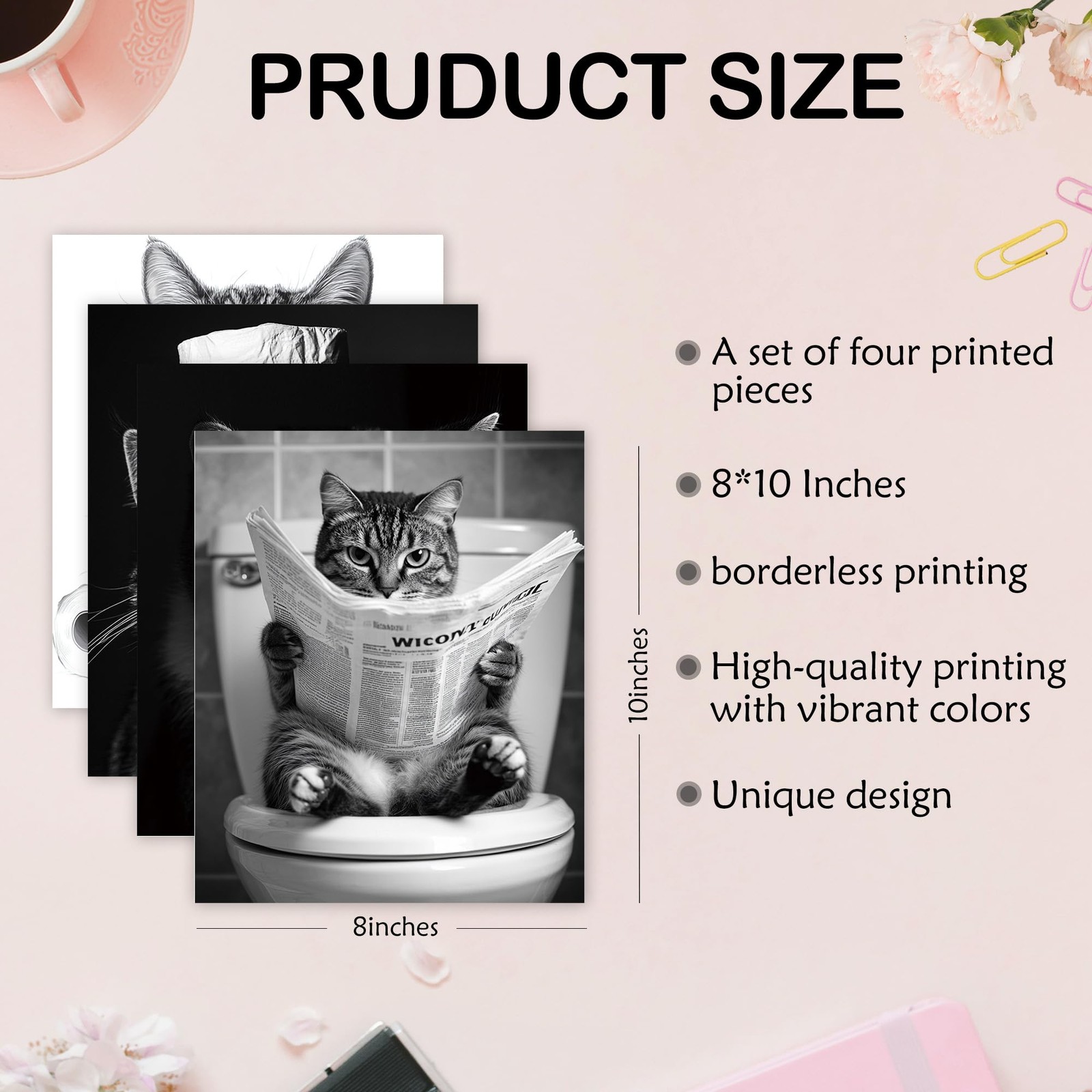 Funny Cat Bathroom Wall Art Prints Poster Set of 4, Funny Bathroom Decor, Cut…