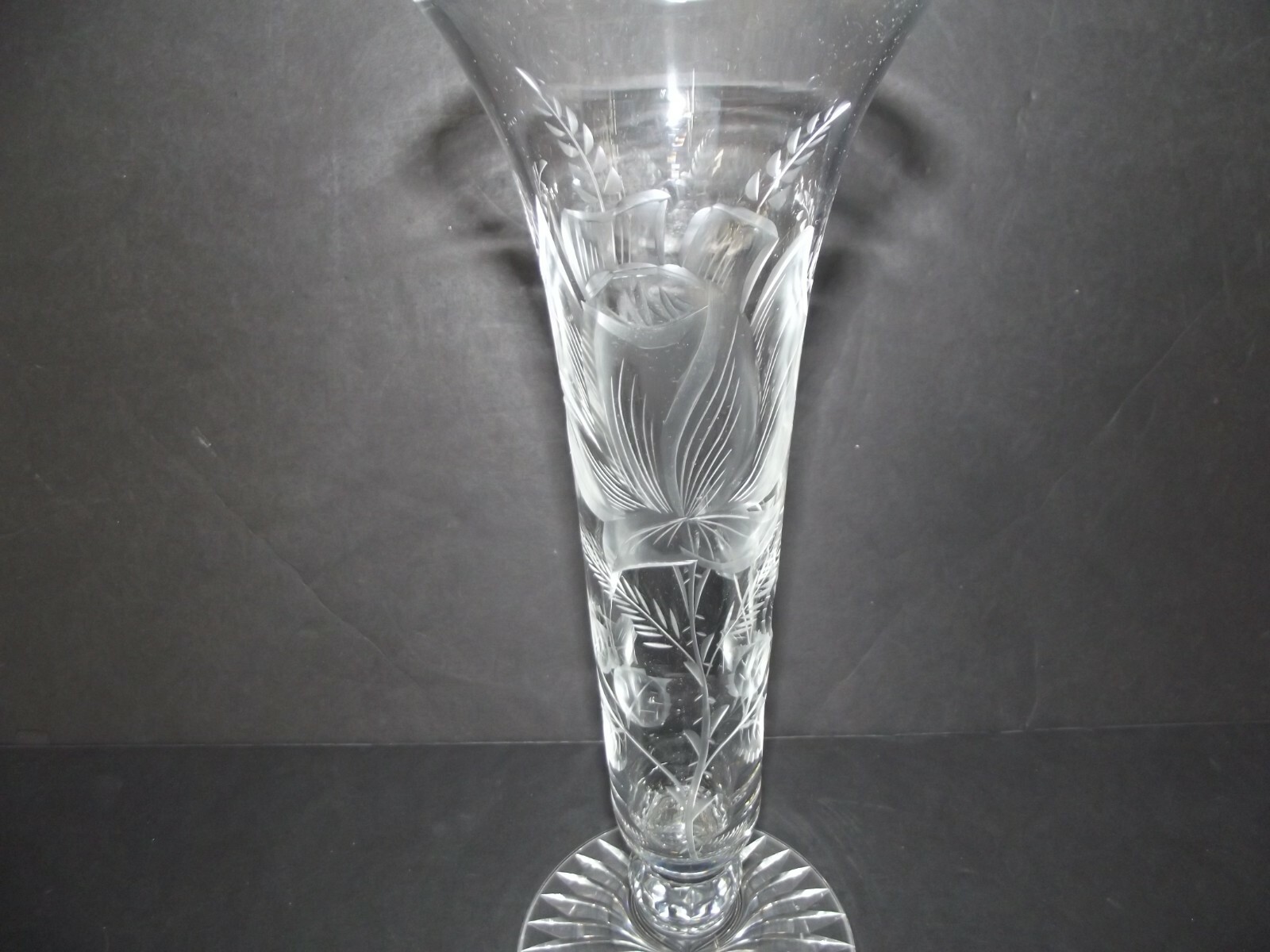 12″ footed Trumpet Flared VASE Art Glass leaded Crystal etched cut engraved Rose