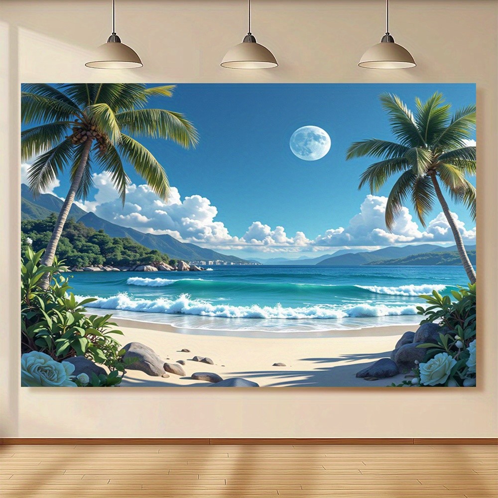 1pc Hawaii Beach Scene Wall Tapestry – Tropical Party Banner with Palm Trees, Oc