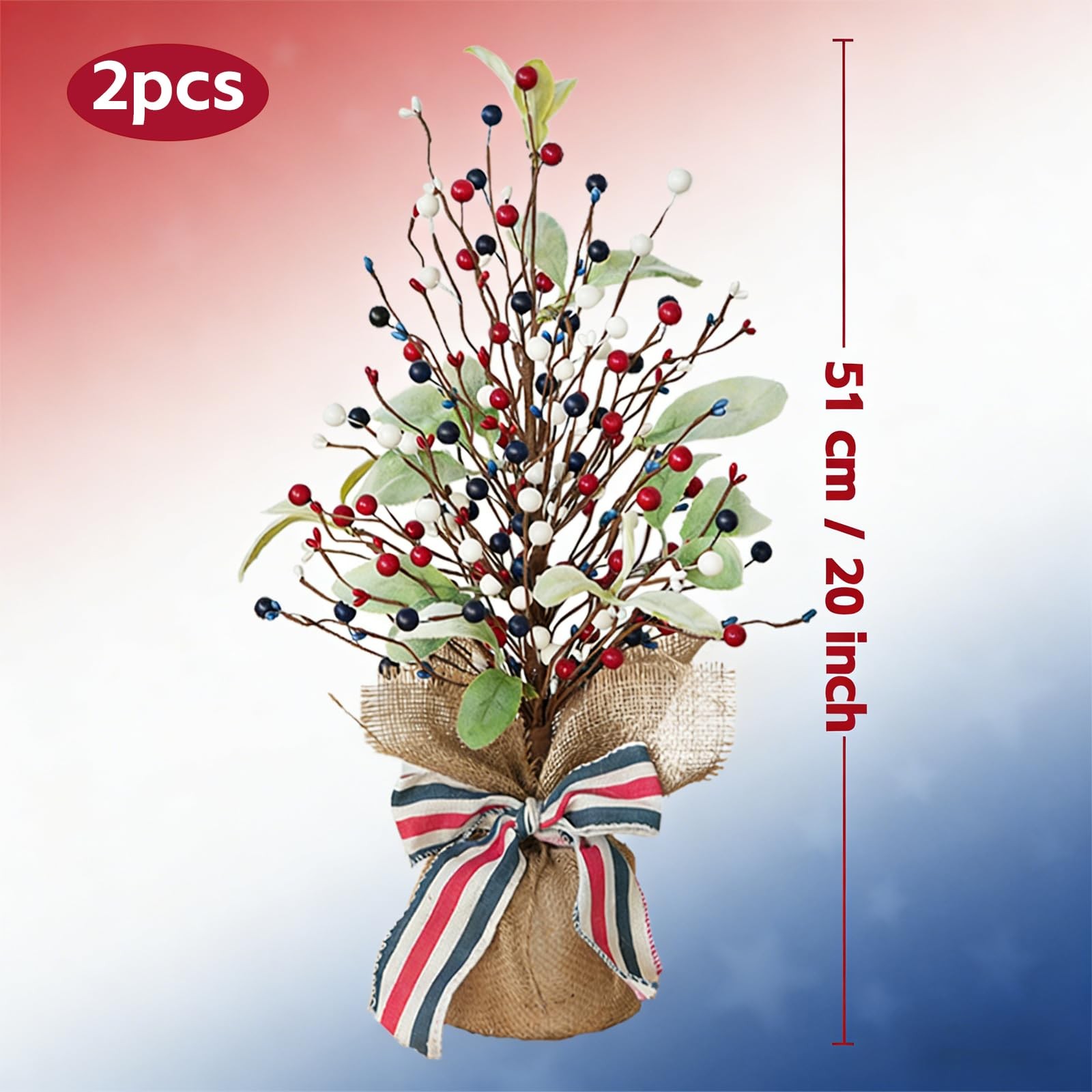 2 Pack 4th of July Artificial Tree Tabletop Decor Patriotic Tree Red Blue White