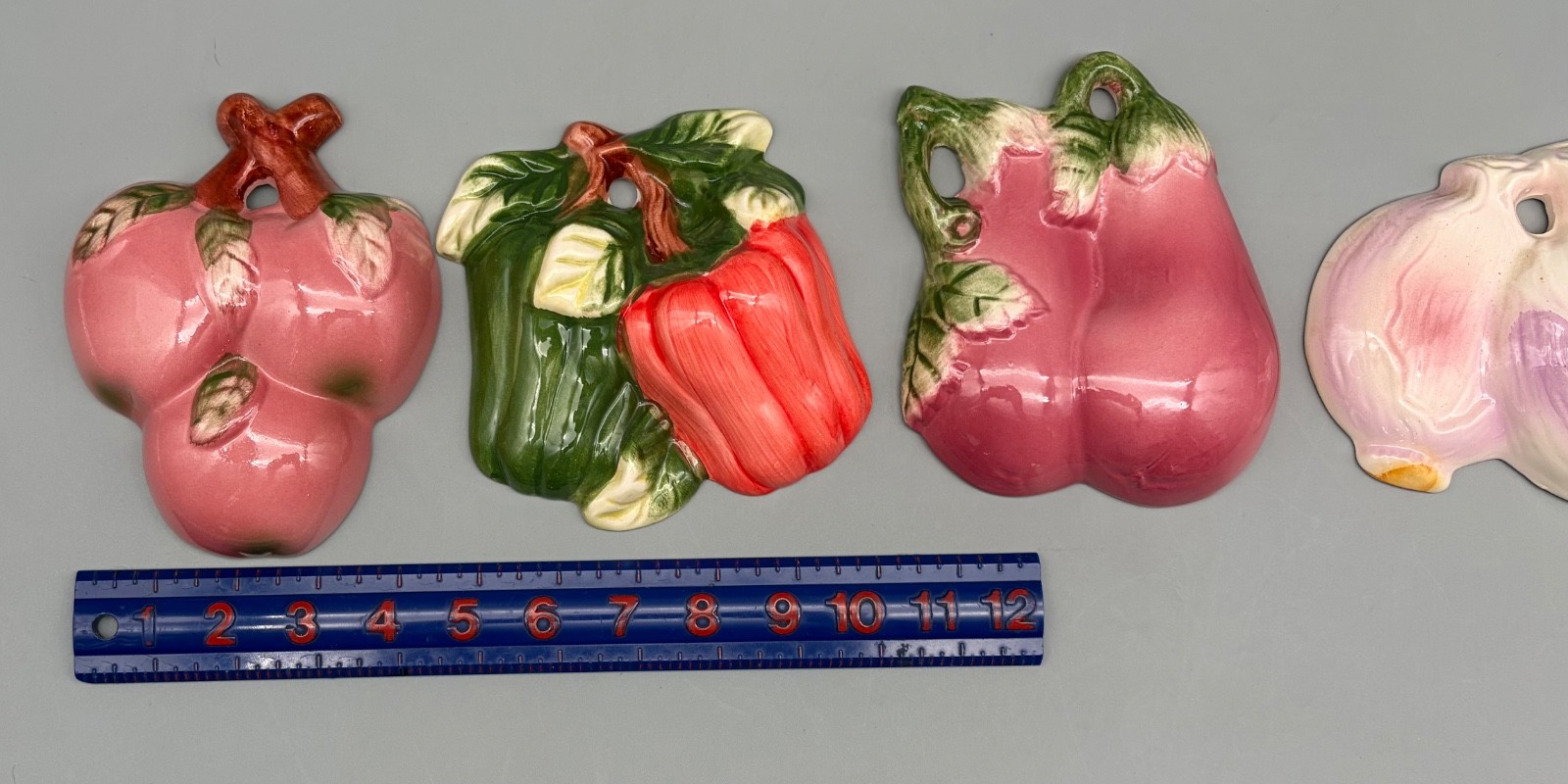 4 VTG Ceramic Glazed Fruit Vegetable 3D Kitchen Decor Wall Hanging Plaques MCM