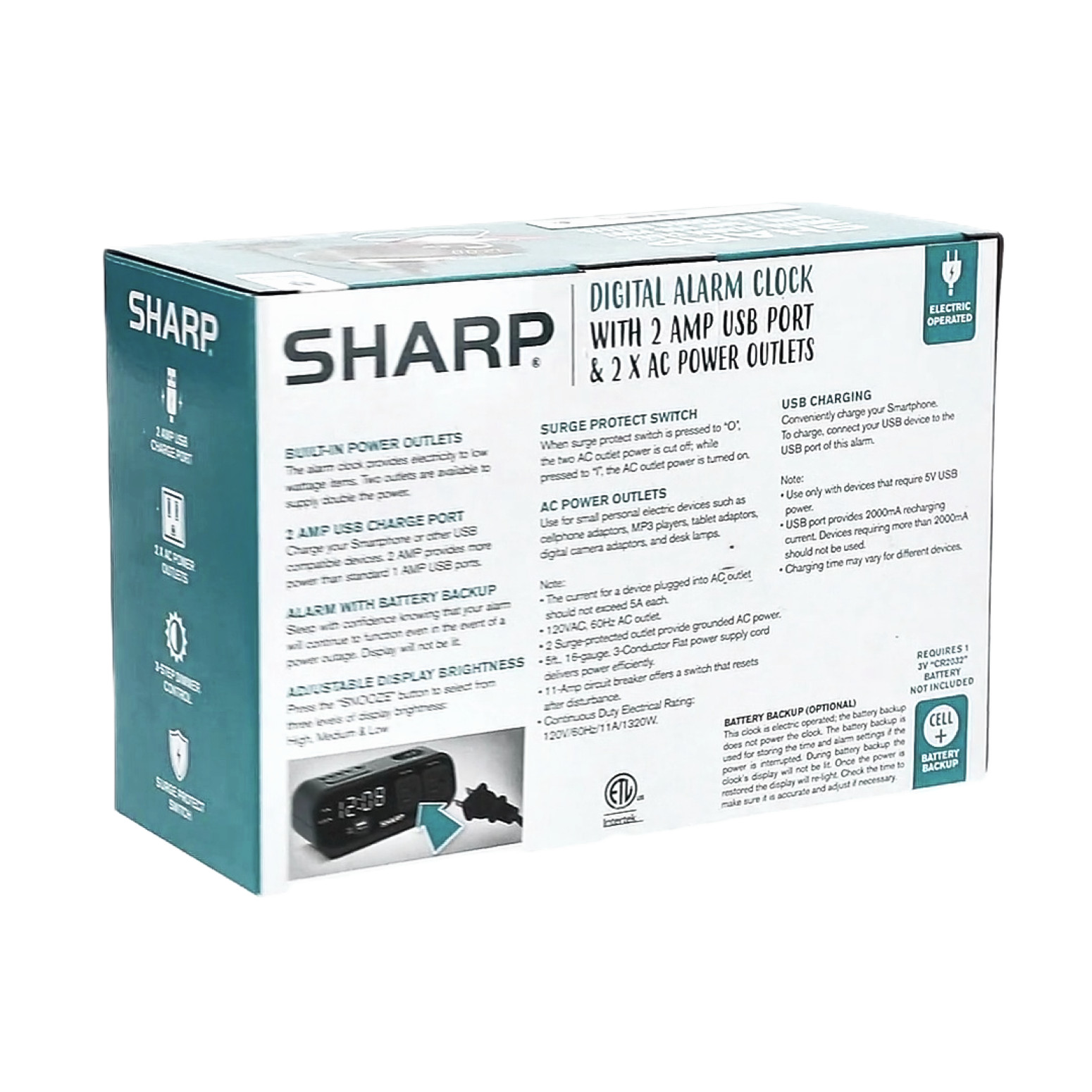 SHARP LED Digital Alarm Clock, 2 AMP fast Charge USB Ports & 2 AC Power Outlets