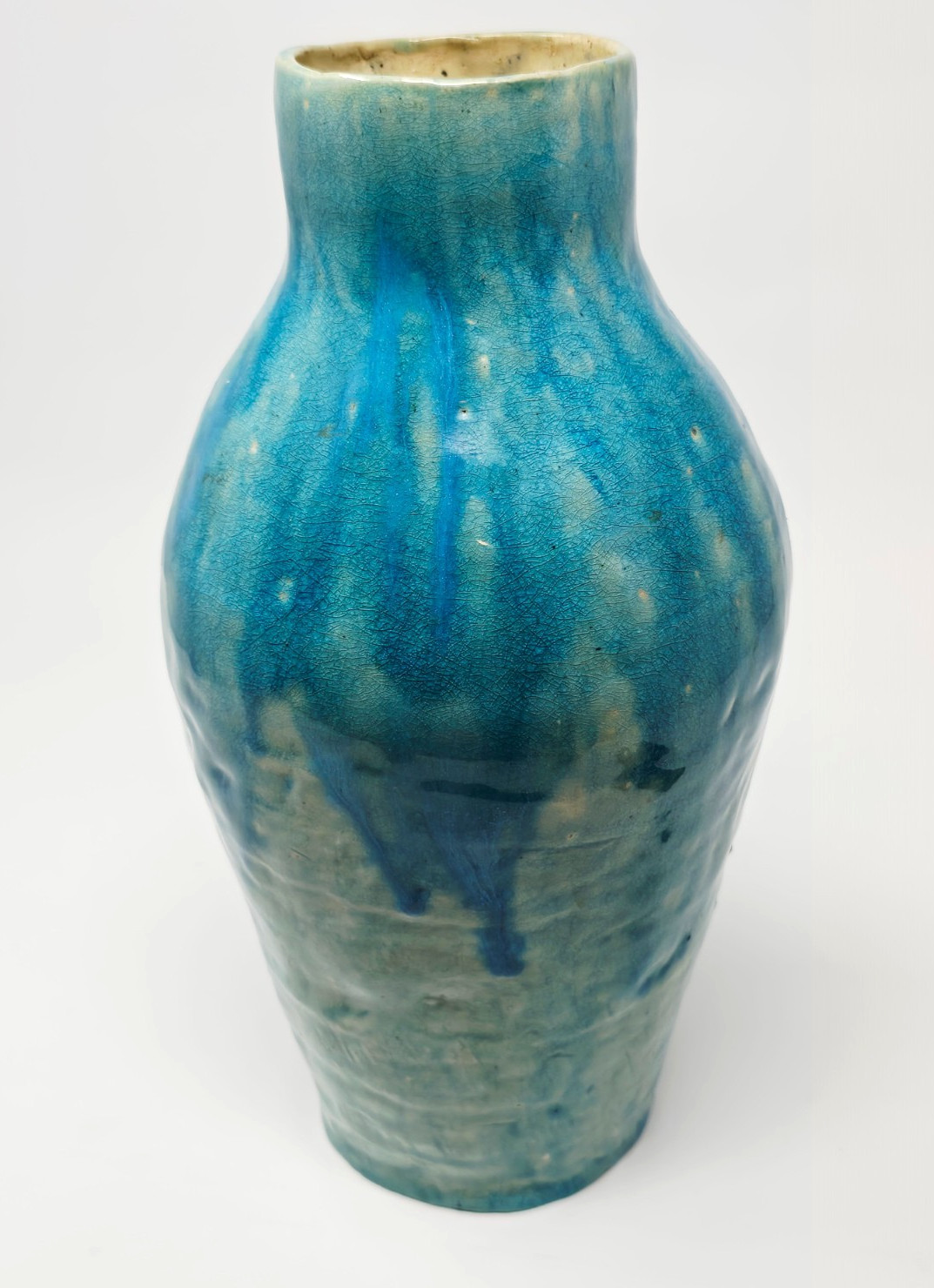 Turquoise Blue Drip Glazed Pottery Hand Made Pottery Vase Marked J.E.C GH 10″