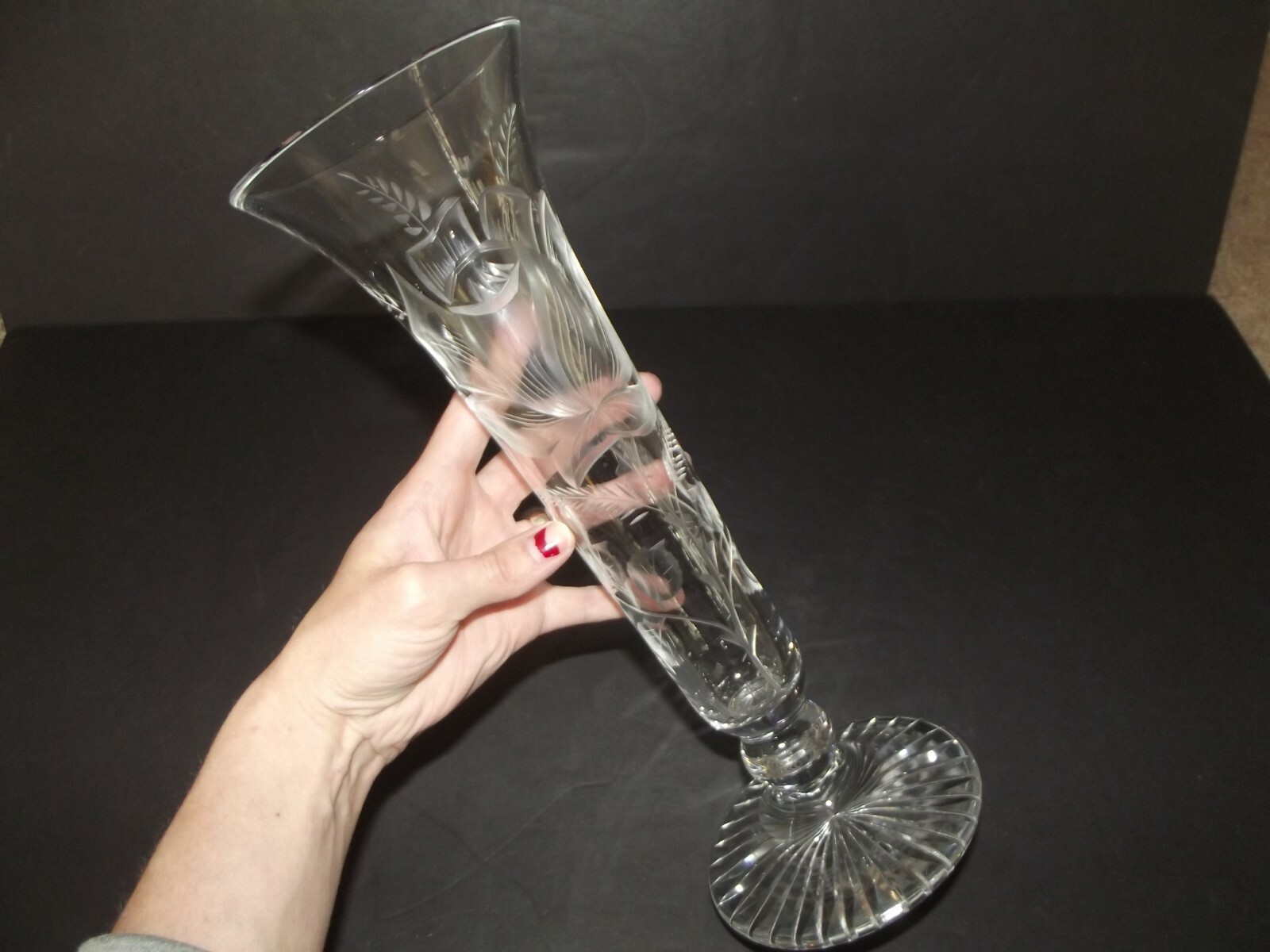 12″ footed Trumpet Flared VASE Art Glass leaded Crystal etched cut engraved Rose