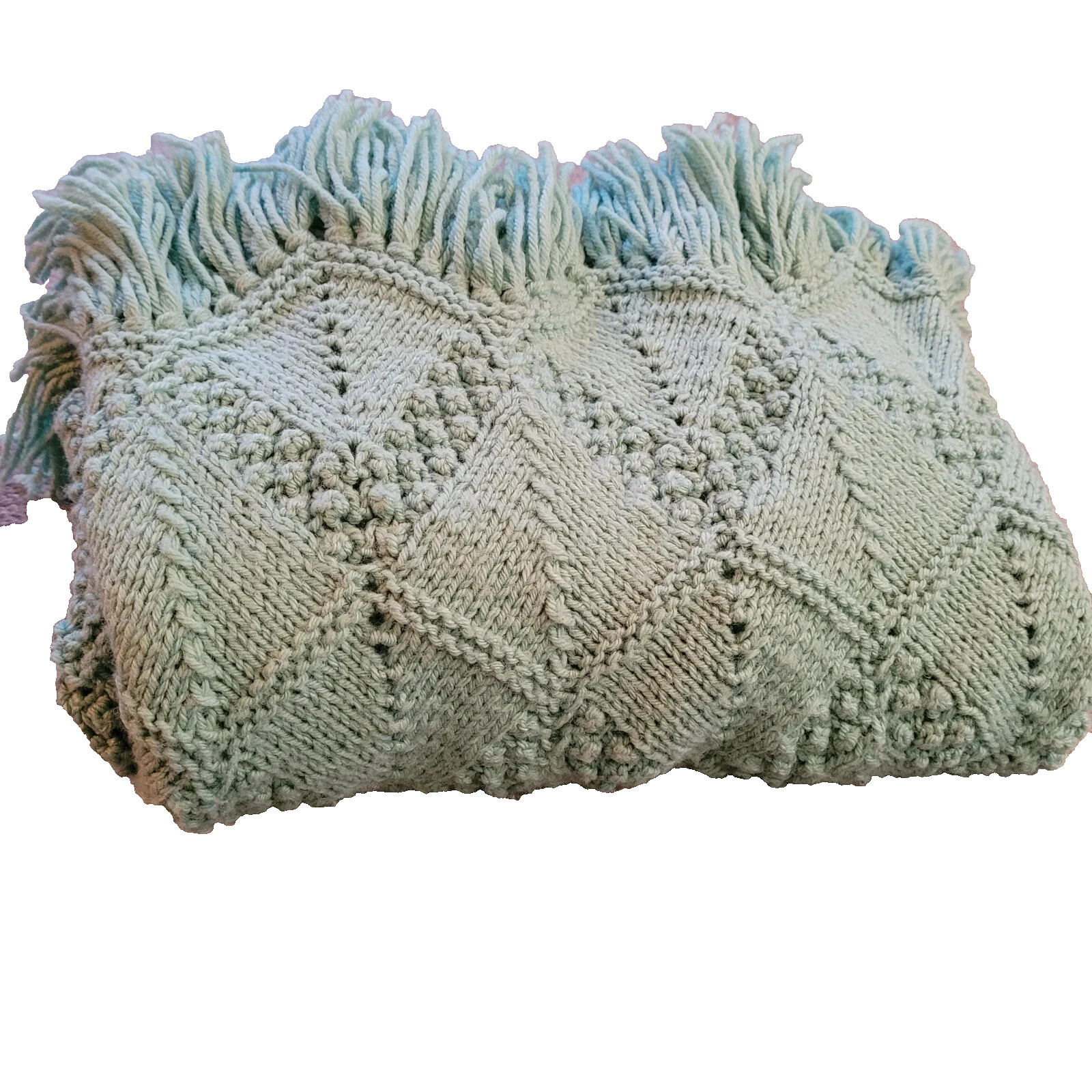 Vintage Hand Knit Aqua Fringed Afghan 52″ x 68″ Warm and Cozy