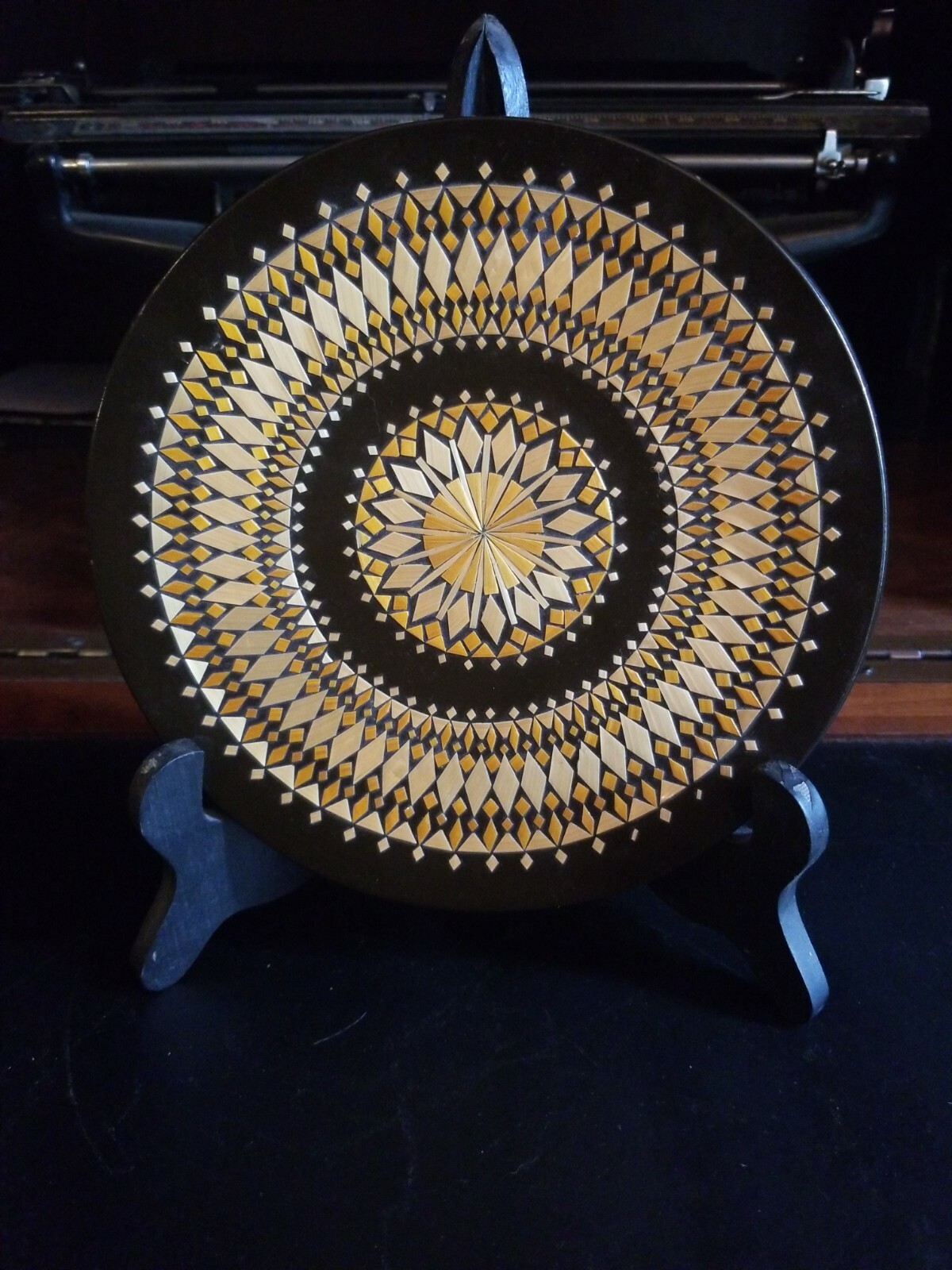 Russian Plate Ceramic Inlay Geometric Design 7.75 In Brown,Gold- repaired