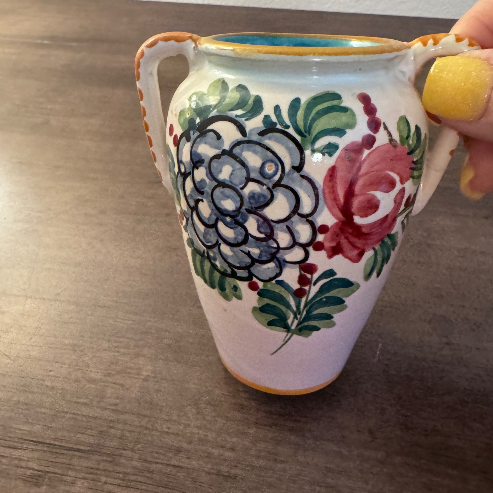 Vintage MADE IN ITALY Gorgeous 4″ Hand Painted Floral Print Glazed Ceramic Vase