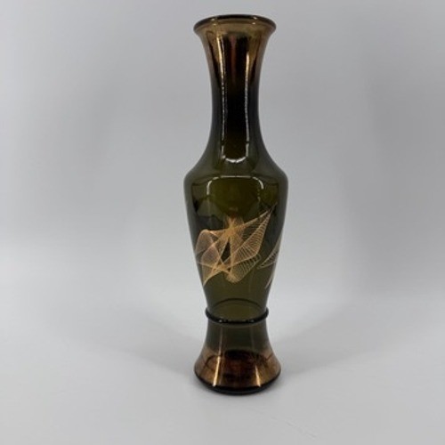Vintage Mid Century Modern Smoke Green Gold Atomic Mesh Glass Bud Vase 10.5″