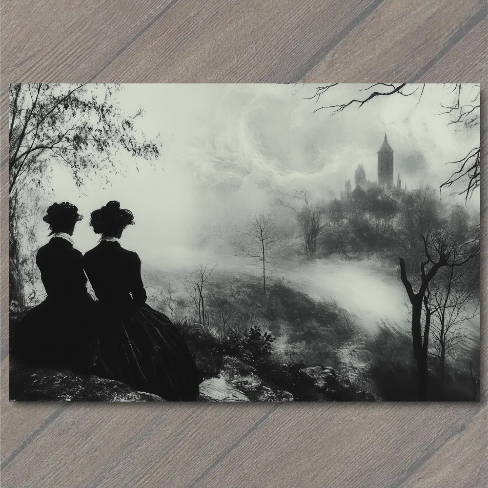 Art Print Two Women Silhouettes Fog Gothic Castle Distant Trees Monochrome