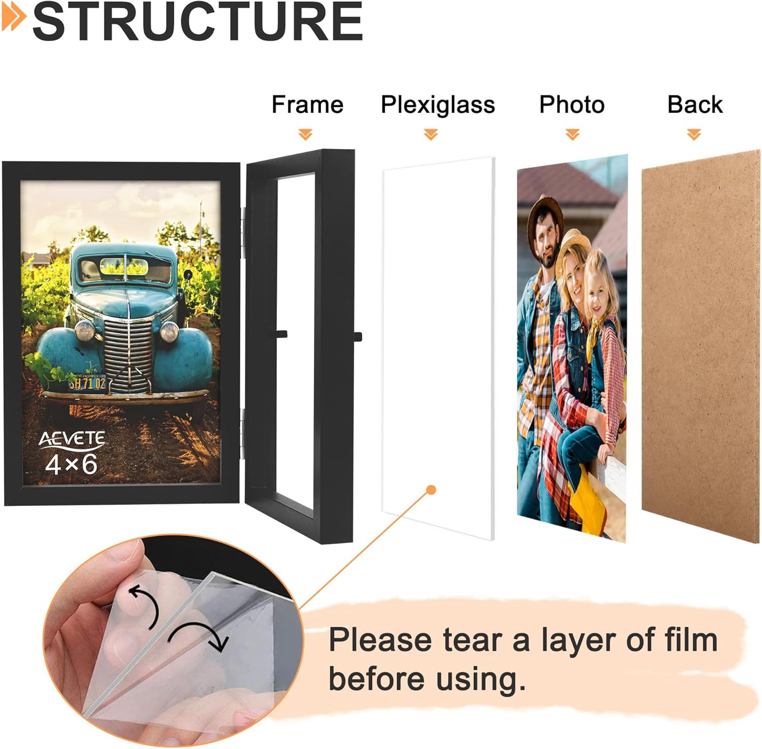 4×6 Double Hinged Folding Wood Picture Frame Tabletop Black 2 Photos