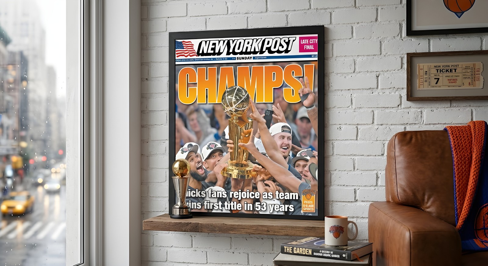 New York Post Newspaper Frame, Black Wood, Blue & Orange Mat