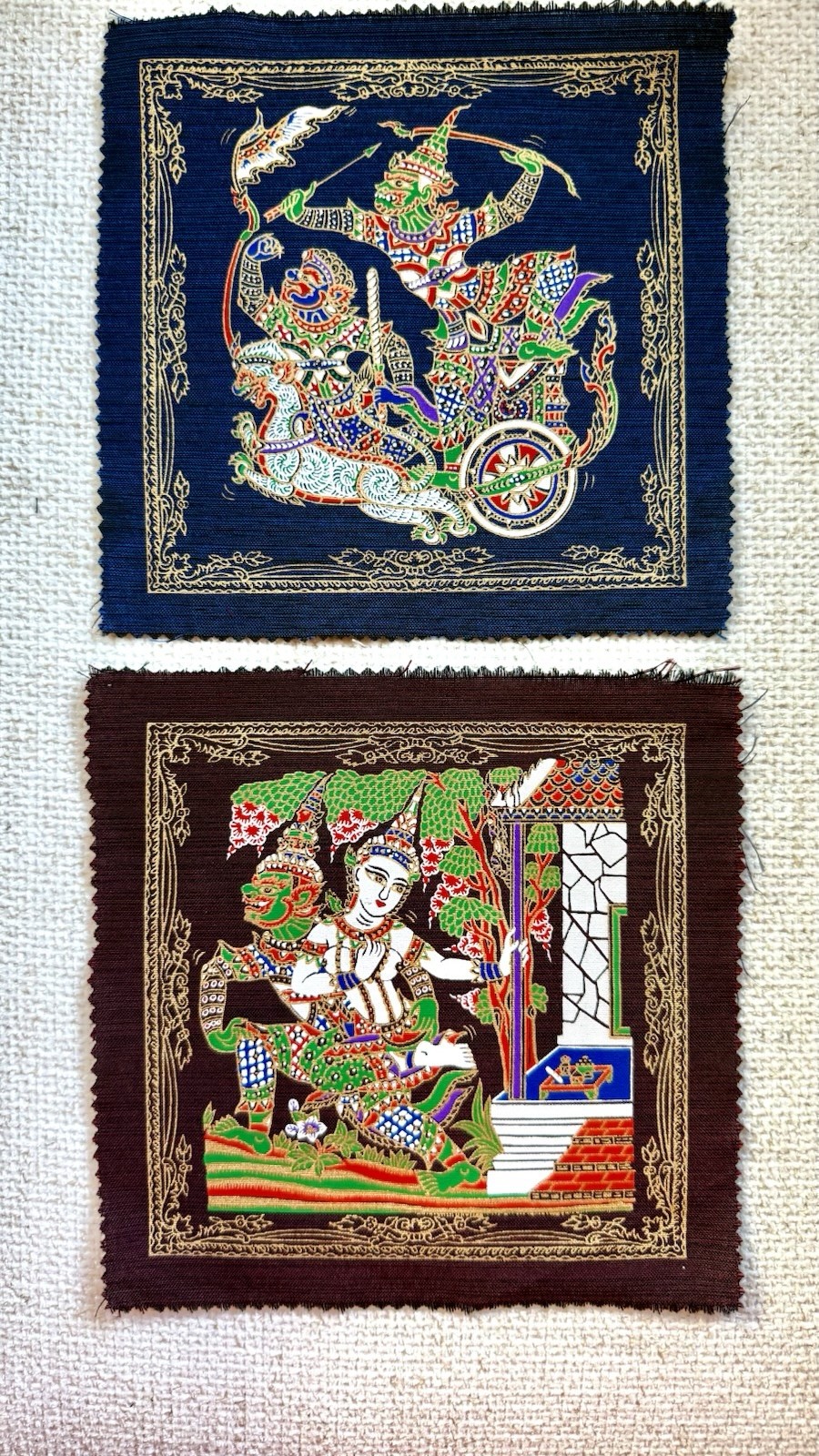 Set of 2 Thai Ramakien Silk Print Fabric Panels 7” Square Mythology Art