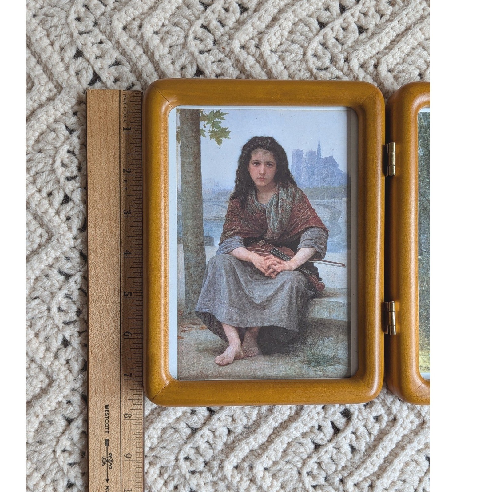 Vintage Wood Folding Double Picture Frame Bouguereau Corot Art Prints 8×5.5