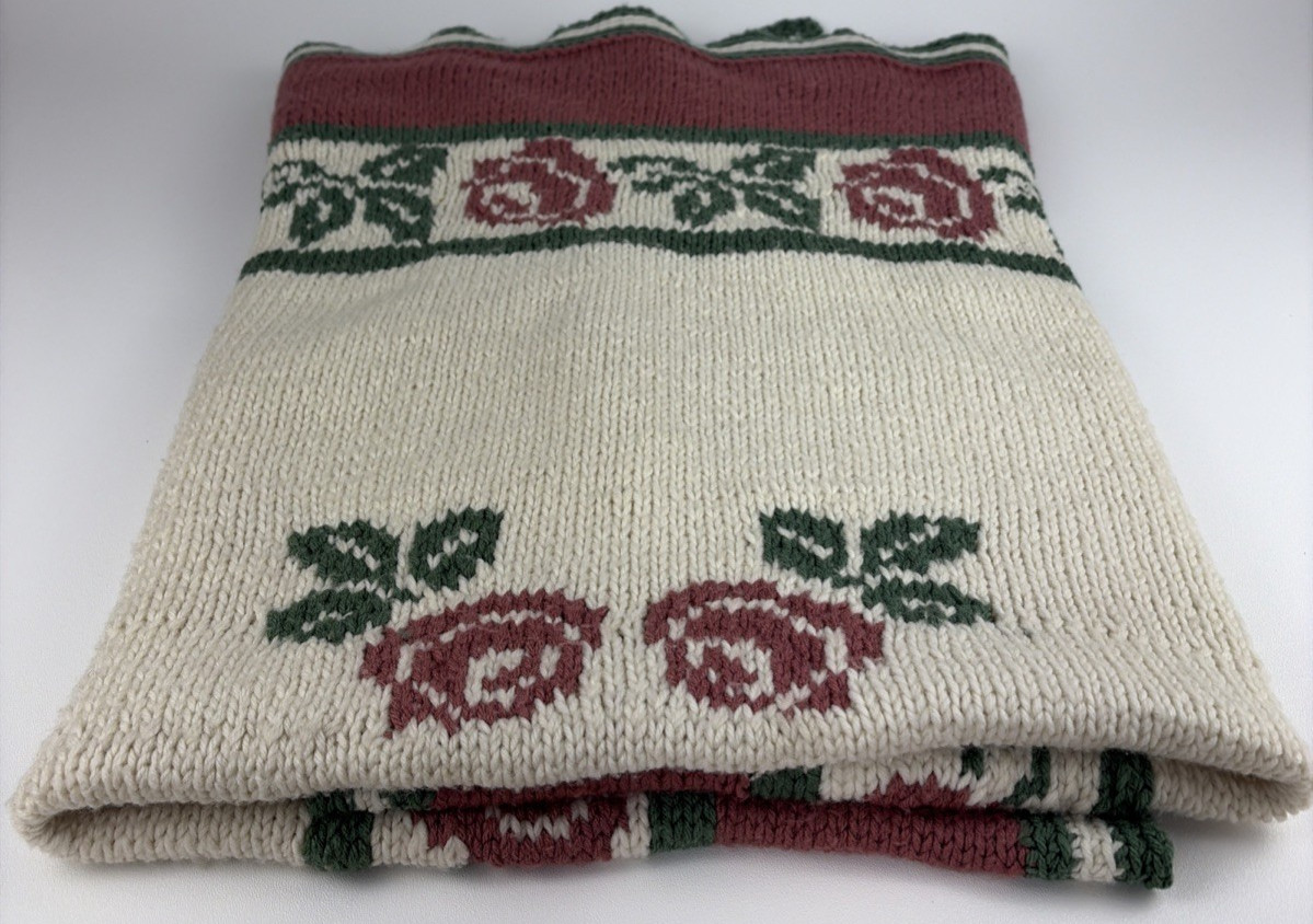 Vintage Cream Handmade Crocheted Knit Blanket Afghan Pink Rose Pattern 46×48