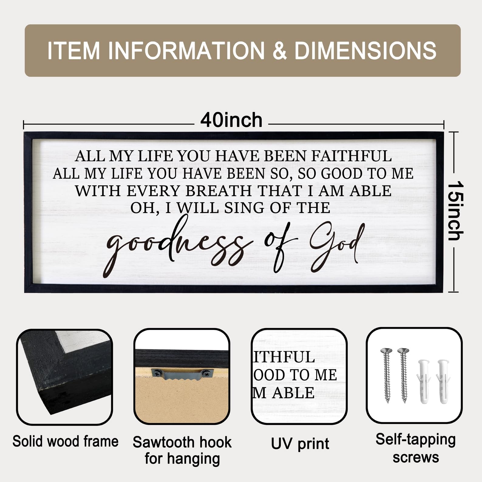 Goodness of God Framed Wall Art, 40”×15” Positive Religious Black Bible Ver…