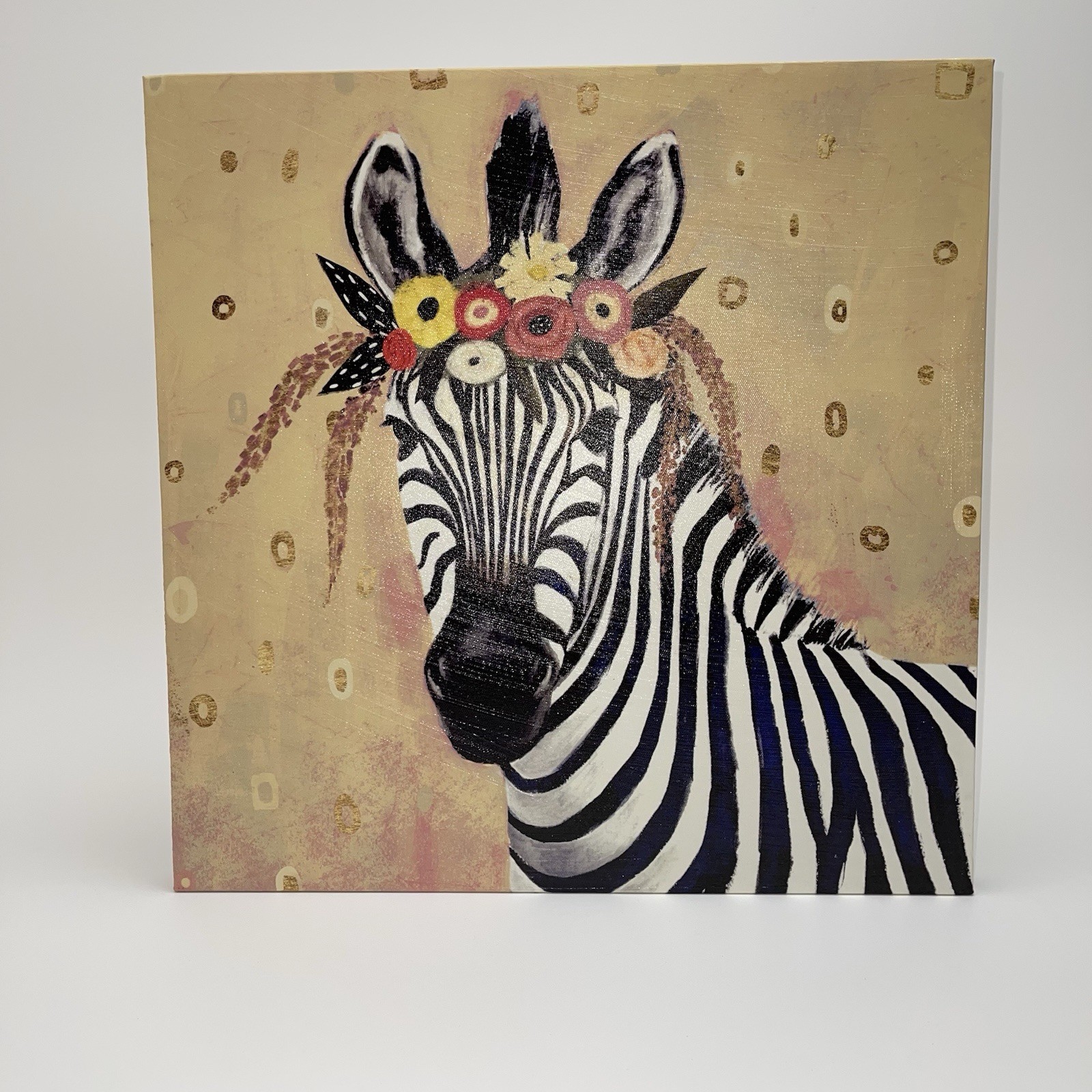 Zebra Canvas Wall Art 18×18” Floral Crown Animal Flowers Black and White Gold
