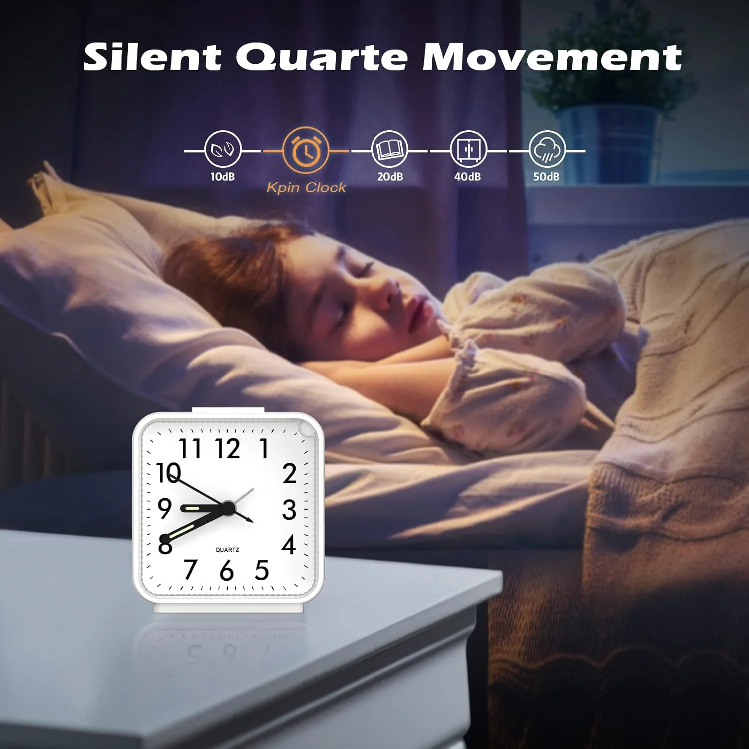 Analog Alarm Clock, White, Battery Powered, Snooze, Night Light, Large Dial, Goo