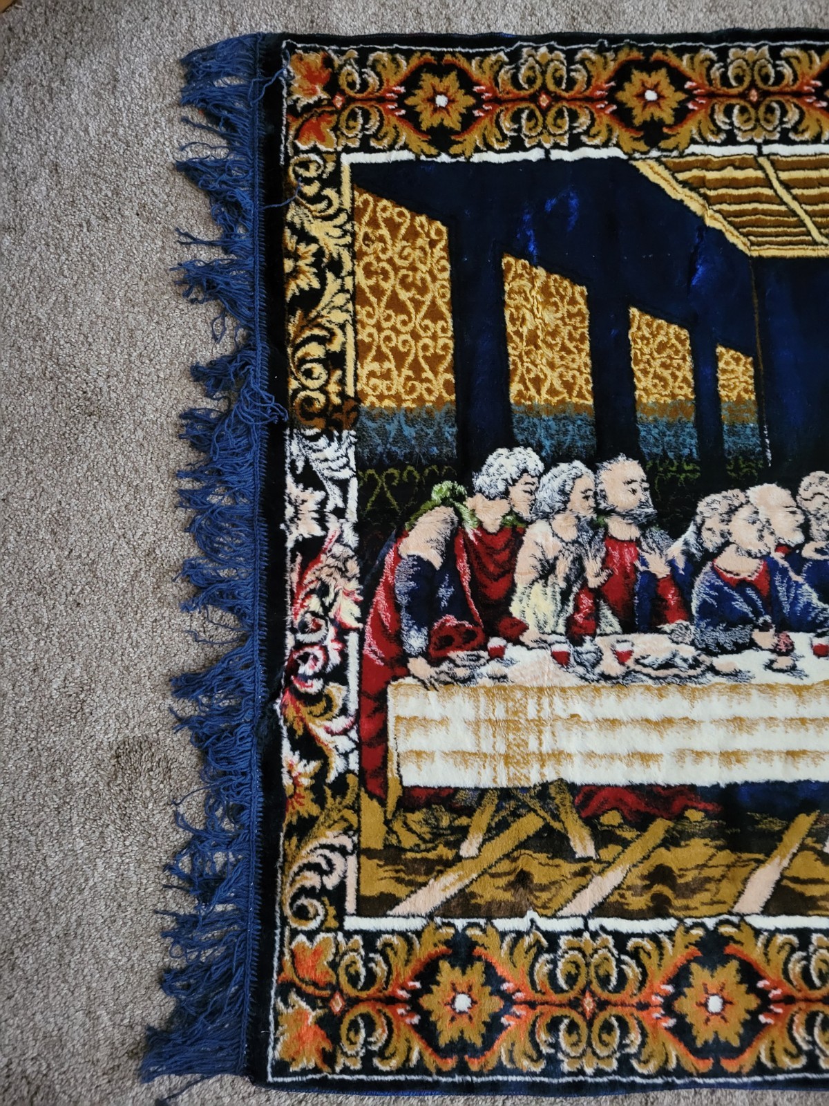 Vintage Velvet Wall Tapestry “The Last Supper” 1970’s Made In Italy 56 X 39.5″