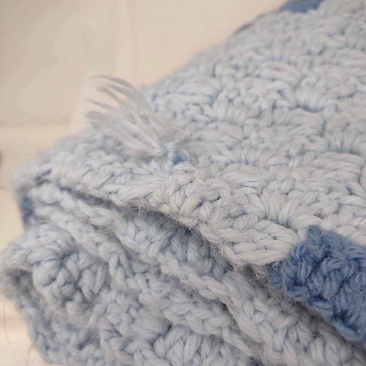 Vintage Crochet Afghan Blanket Throw Diagonal Stripe Light & Dusky Blue 60×70 in