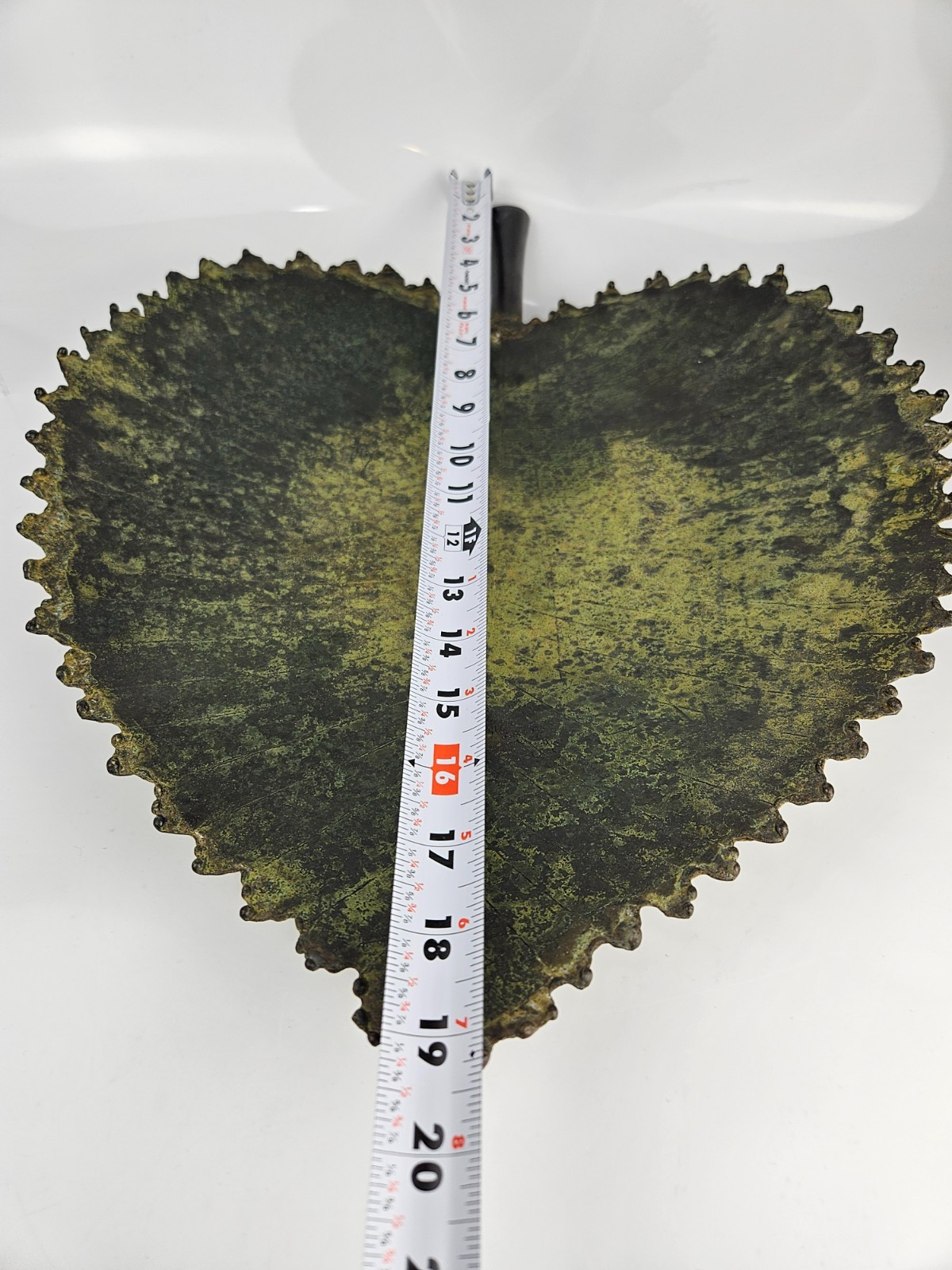 Large Decorative Metal Leaf Tray Bowel Verdigris Patina Ball Feet Serrated Edge
