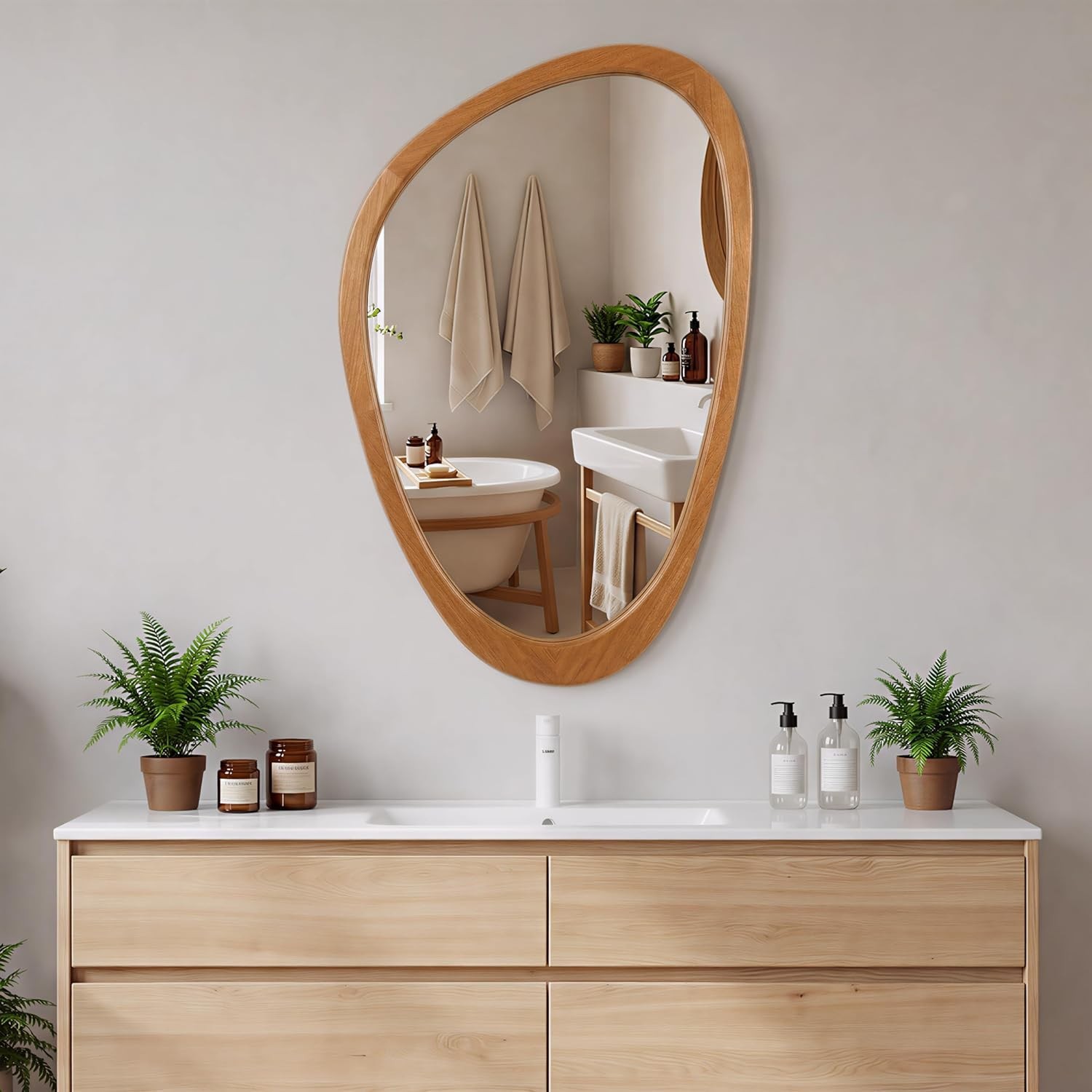 Irregular Wall Mirror 30x19in Solid Wood Frame Tempered Glass Asymmetrical Decor