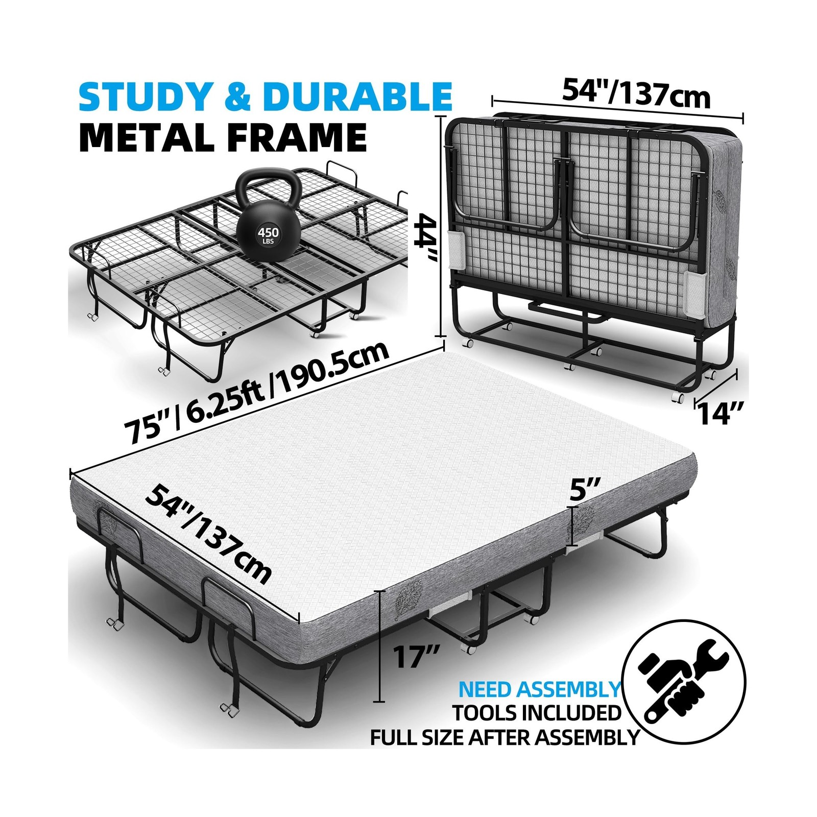 Folding Bed with Mattress 75 x 54 Full Size for Adults Rollaway Bed Fold Up F…