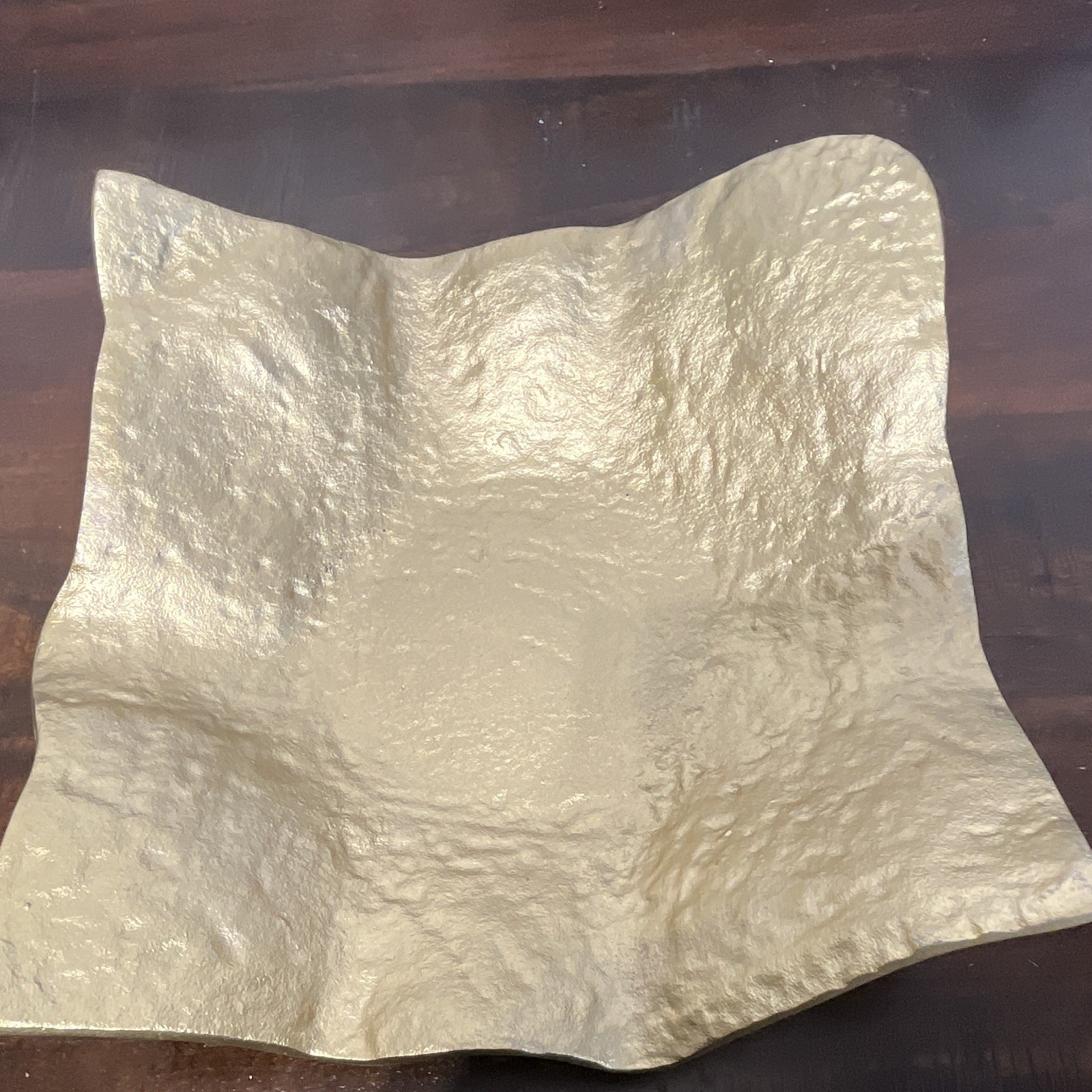 Gold Tone Textured Metal Decorative Bowl Abstract Wavy Edge 14 in