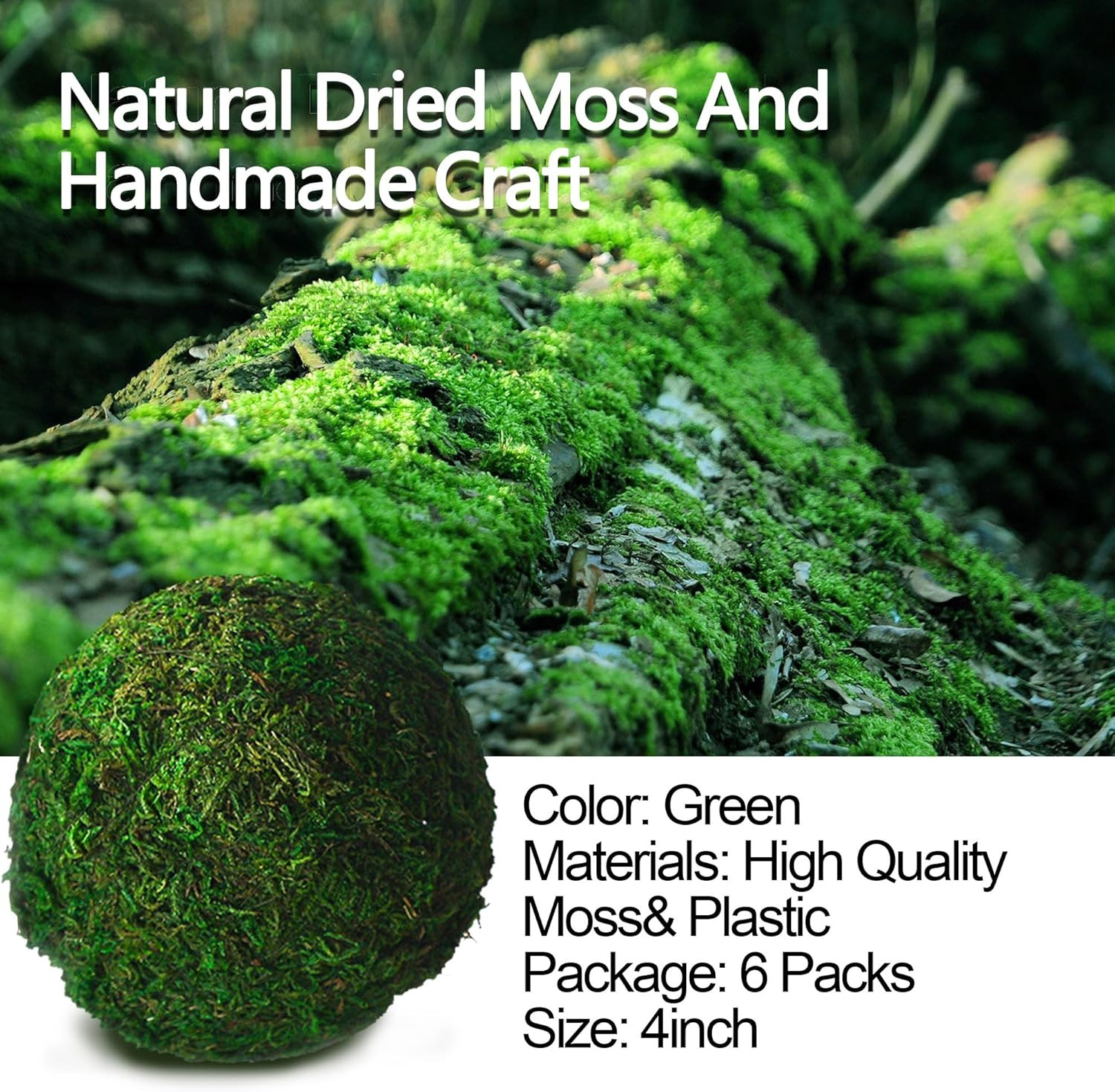 Large Green Moss Balls Decorative(4″-Set of 6), 4 Inch Decorative Moss Ball for