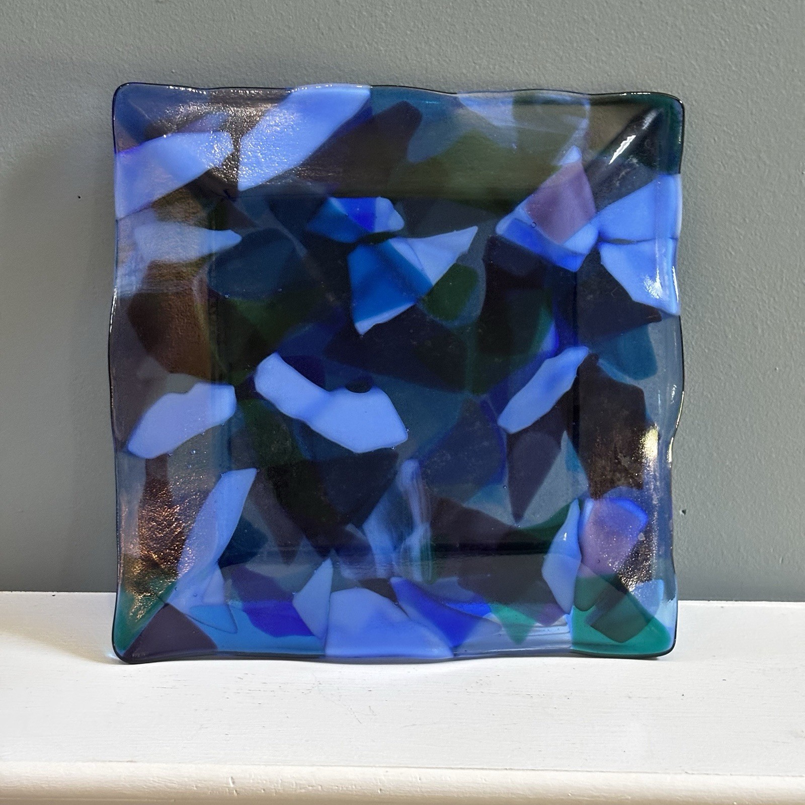 Heavy Blue Purple White Fused Art Glass Square Plate 10-1/4”