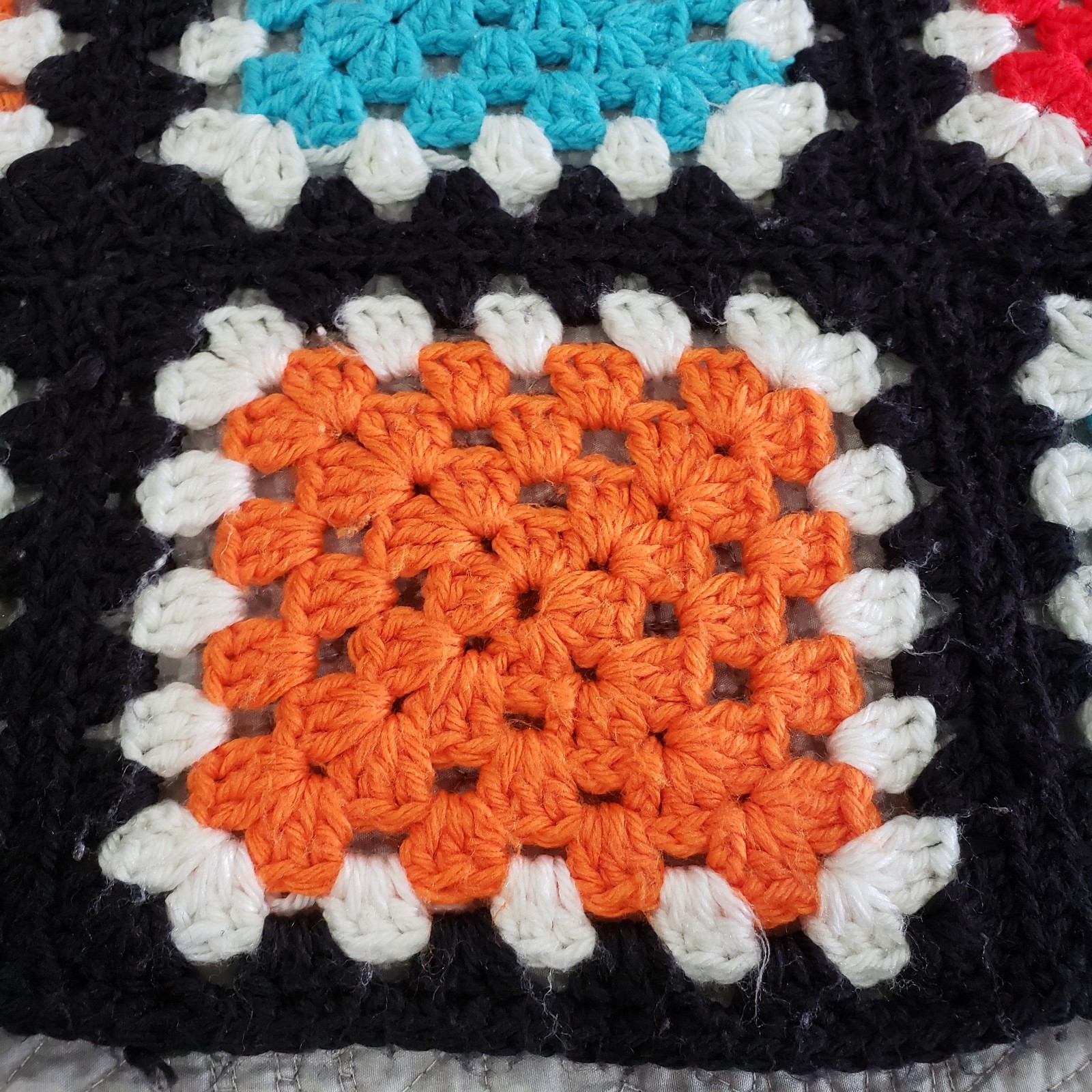 Throw Blanket Crochet Multicolor Granny Square Black Border Handmade Afghan Boho