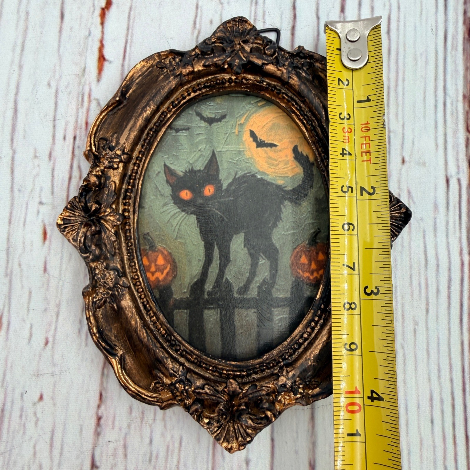 Vintage Style Halloween Black Cat Art Ornate Bronze Resin Frame 4.25in Mini