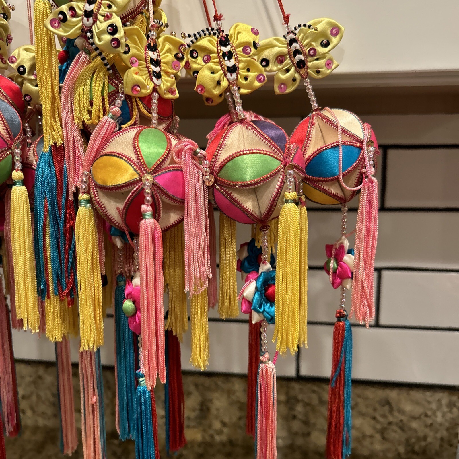 Vintage Asian Home Decor Wall Hanging Butterfly Ball Ornament Handmade Colorful