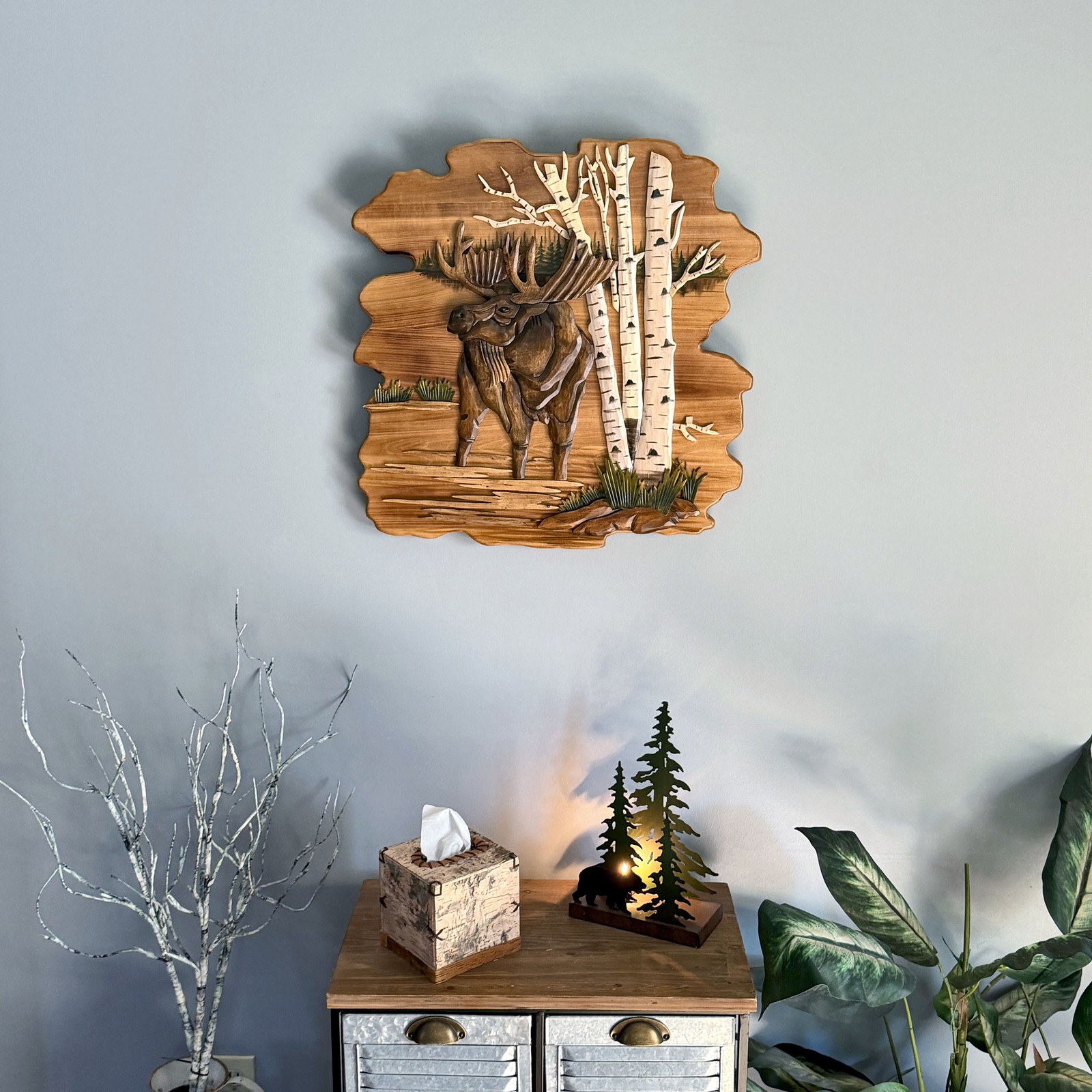 Moose in Birch Forest 23.5 inch Rustic Intarsia Wood Wall Art Sculpture