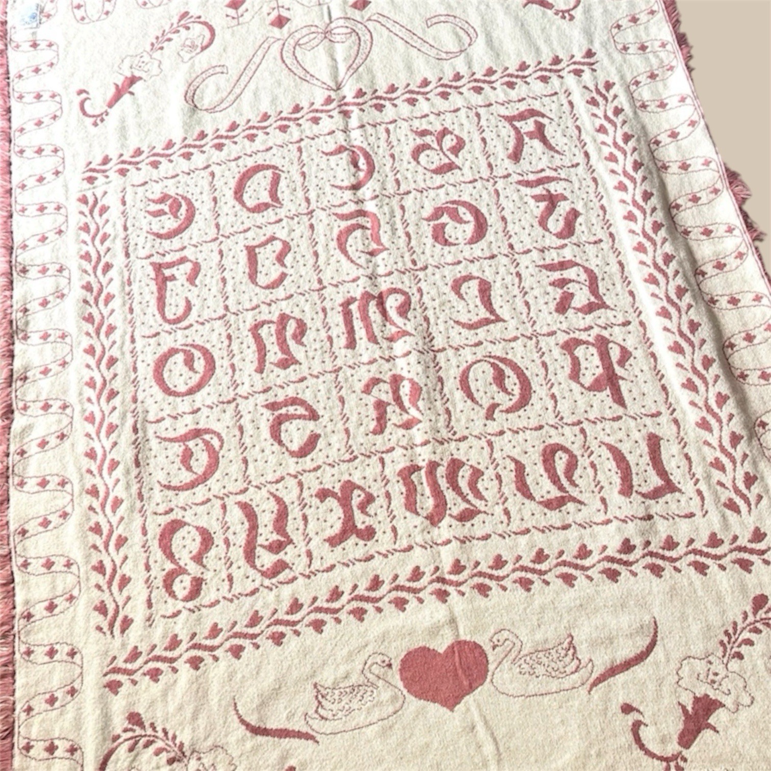 Goodwin Weavers Mauve Tapestry Throw Blanket Alphabet Heart Swans Cottage