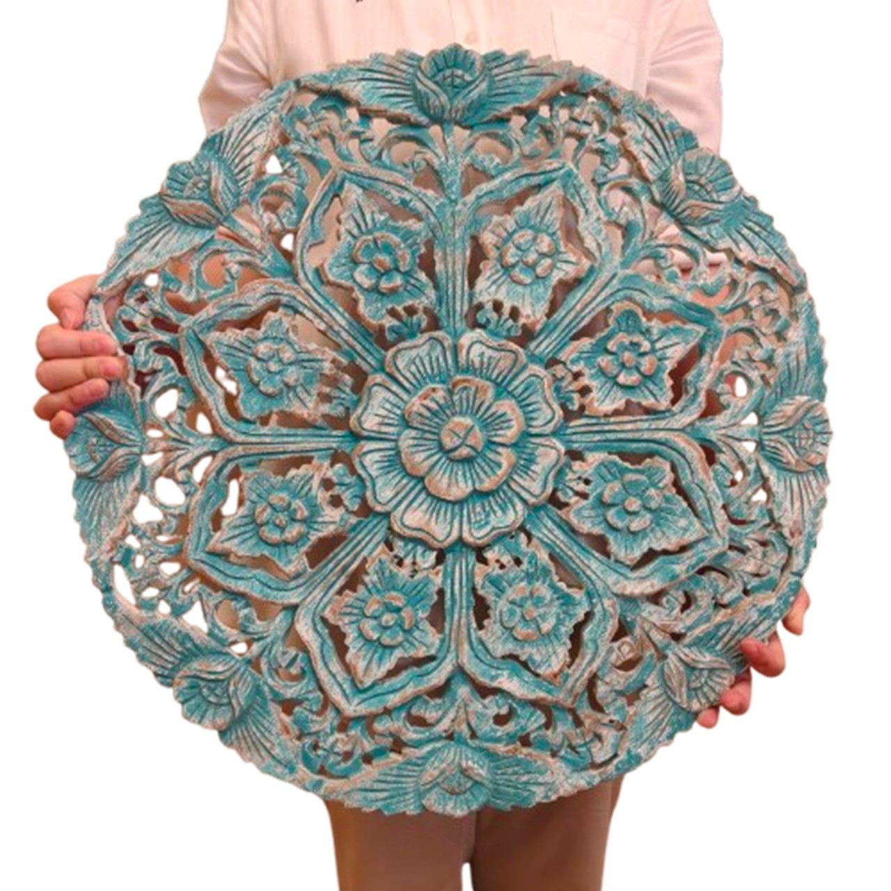 24″ Round Teak Wood Wall Art Hand Carved Lotus Mandala Turquoise White Washed