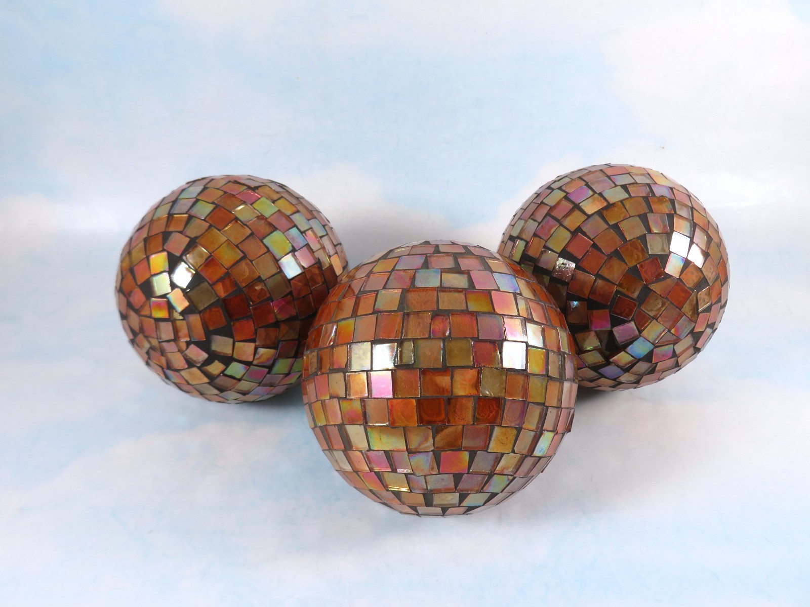 Vintage Mosaic Orbs Glass On Plastic Set Of 3 Iridescent Copper 4 Inch Handmade