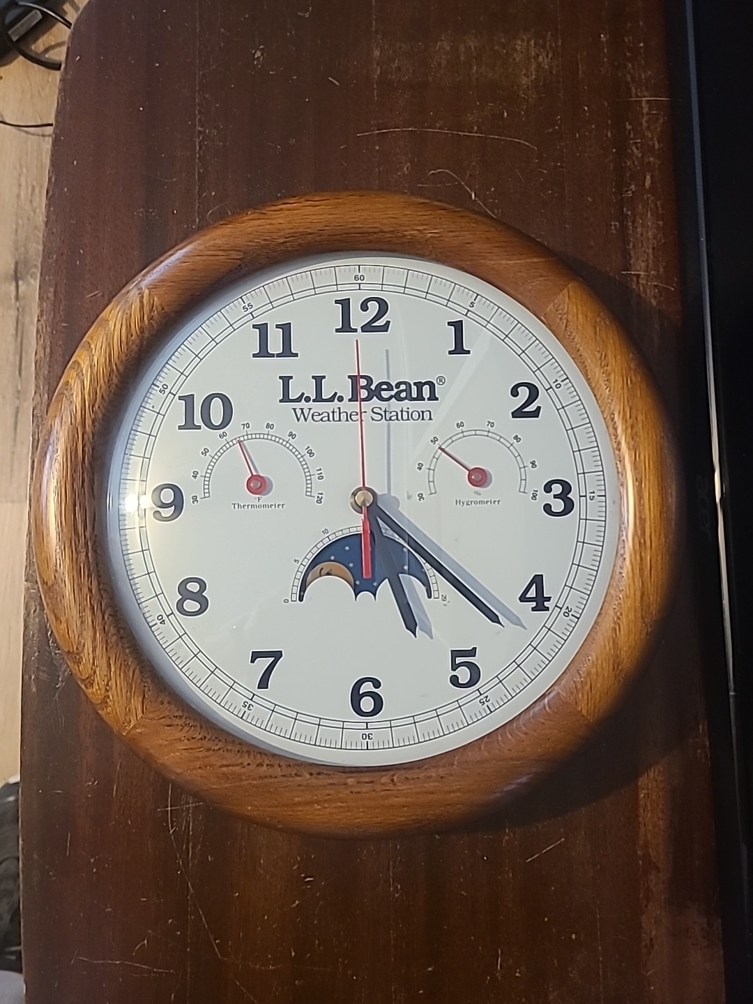 L.L. Bean Weather Station Wall Clock 11.5” Oak Frame Moon Thermometer Hygrometer
