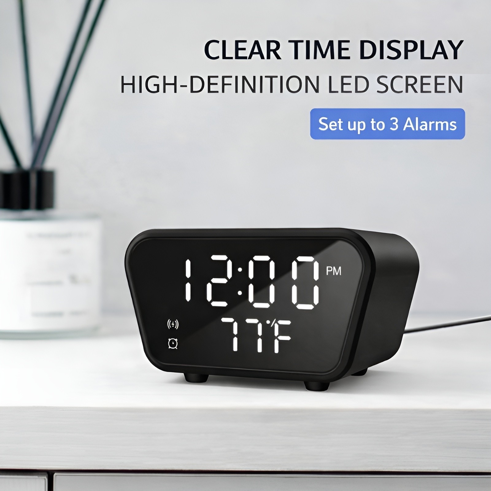 Wireless Charging Alarm Clock with Temperature Display, LED Nightstand Clock