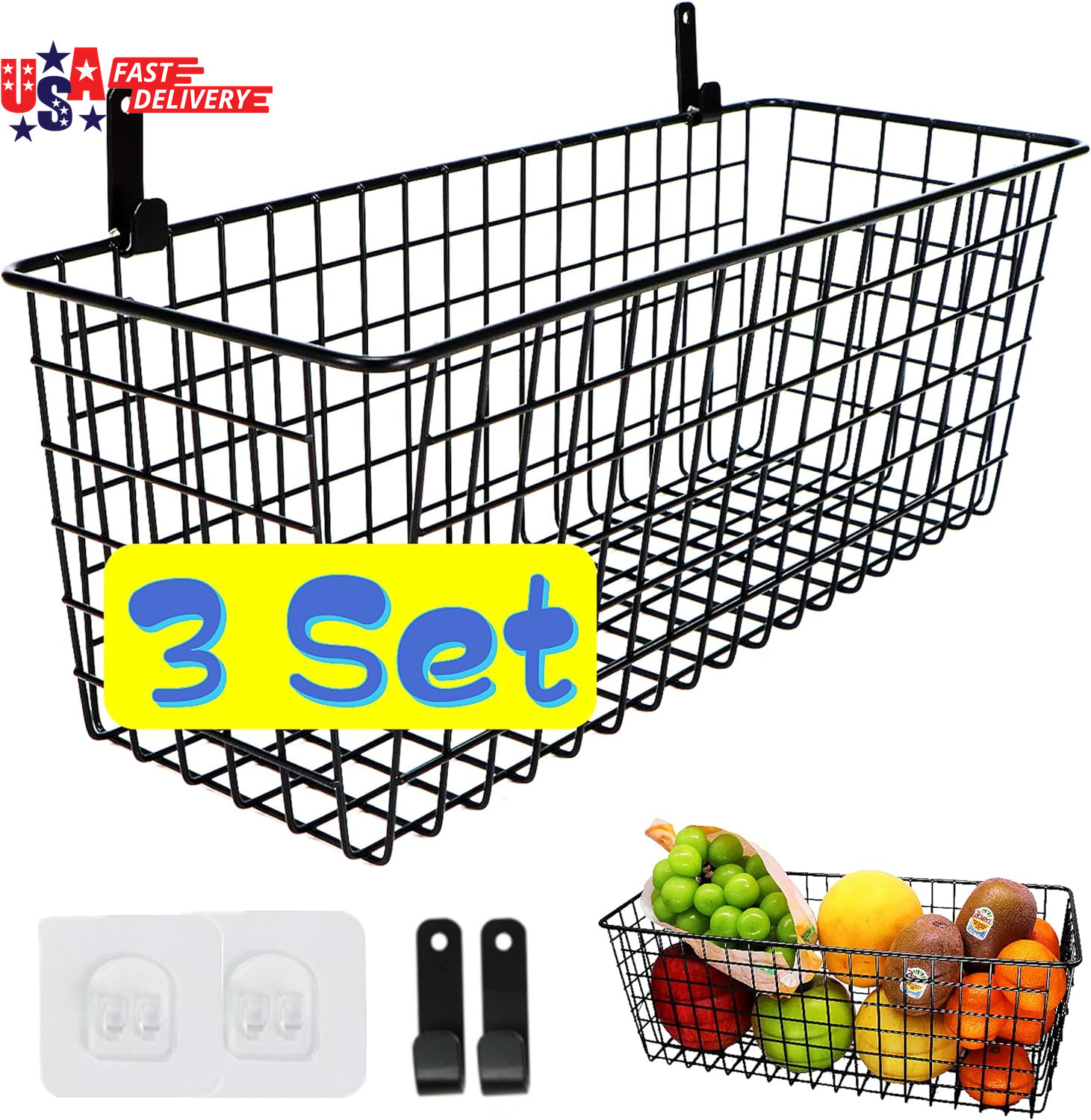3 Set [Extra Large] Hanging Wall Baskets ,Wire Basket for Storage Pantry, Farmho