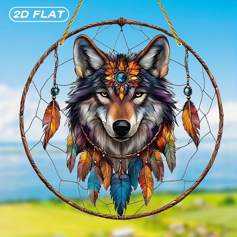 Wolf Dreamcatcher Suncatcher, Bohemian Feather Acrylic Window Hanging Decor
