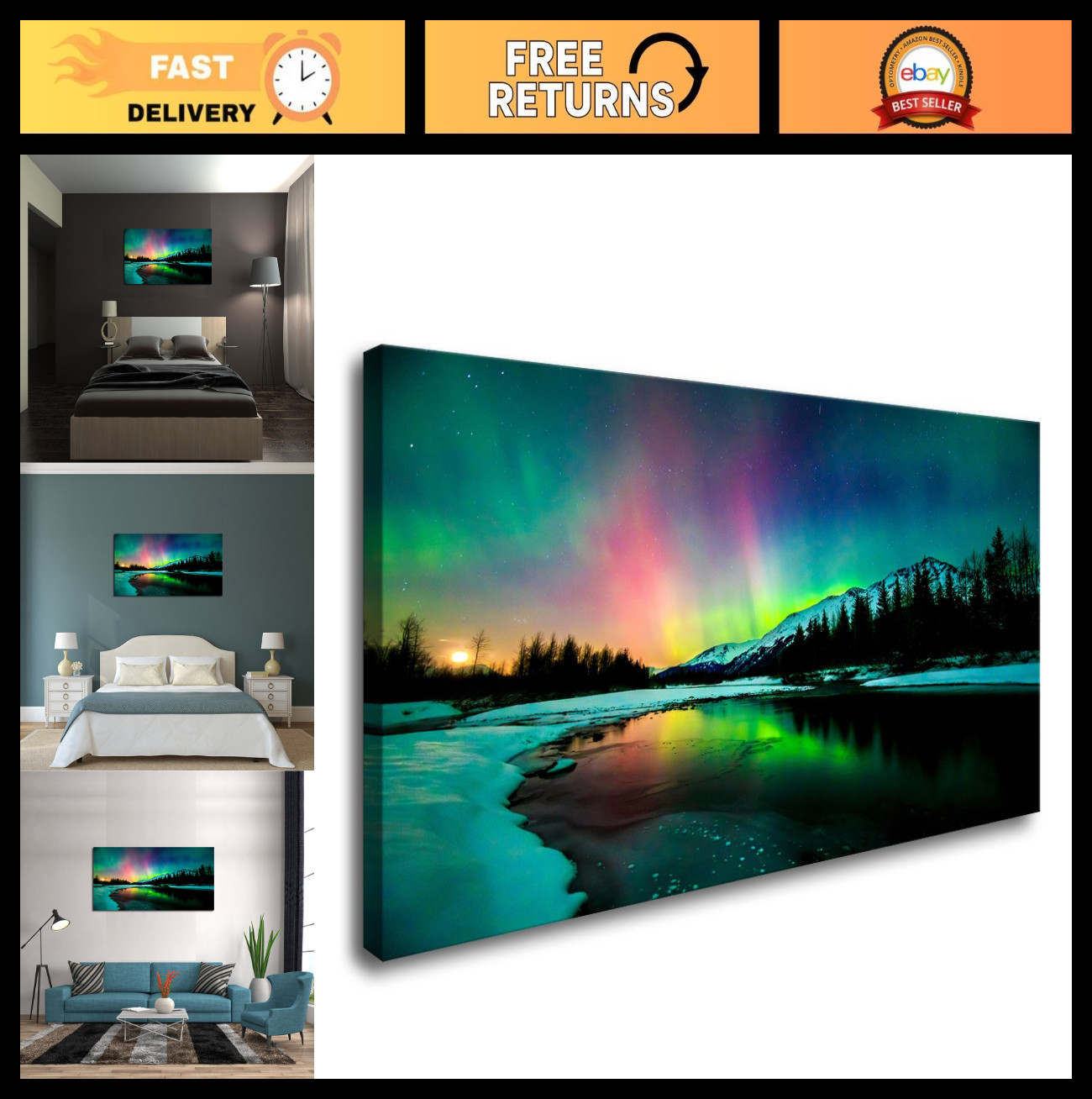 Stretched & Framed Aurora Scenery Canvas Wall Art – Ready to Hang Home Decor